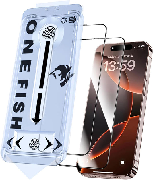 OneFish Glass Screen Protector for iphone 15 Pro, 9H Hardness Glass Scratch Resistant, HD Clarity Tempered Film with Installation Frame, Bubble Free, Easy Installation, 2Pack.