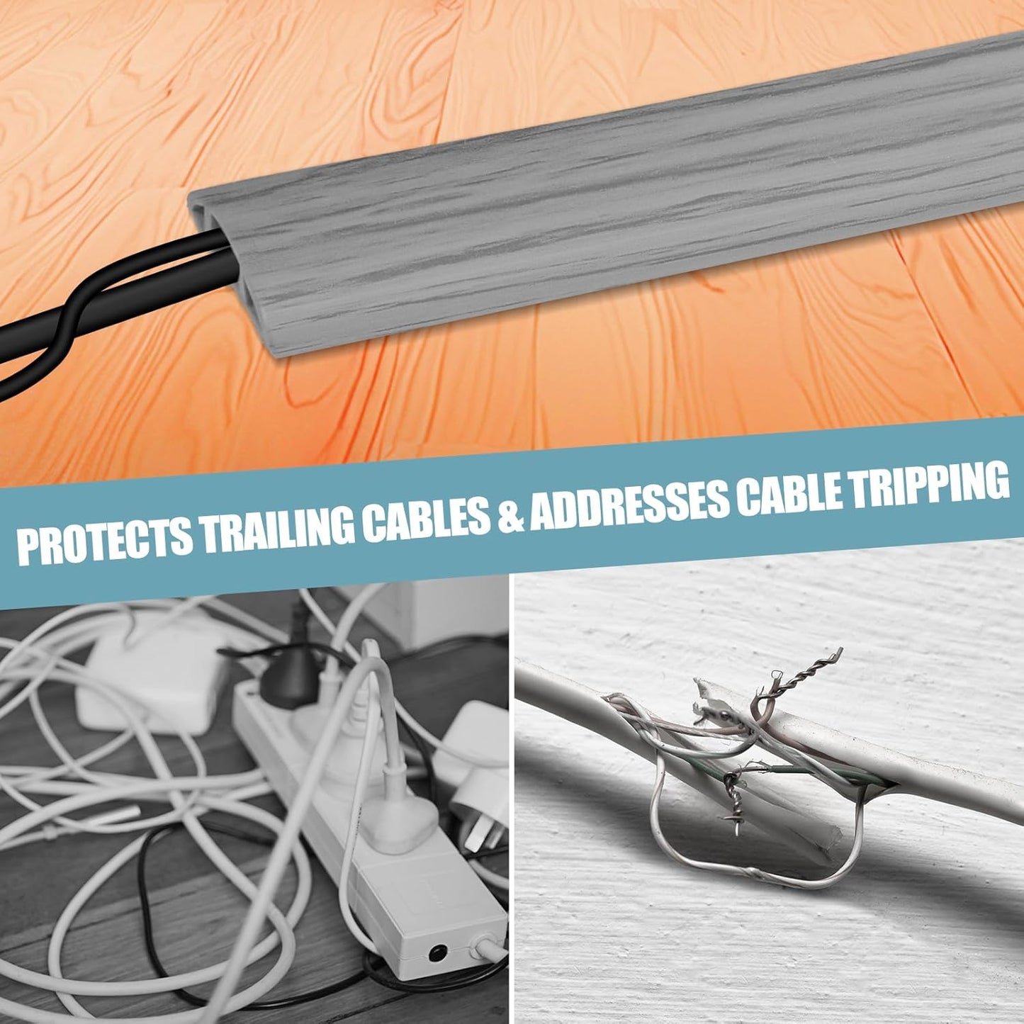 Floor Cord Cover Self Adhesive Cord Hider,3.3FT Cable Management, Extension Strip Protector for Wires, Prevent Cable Trips for Offices, Gyms, Exhibitions Cavity:0.39"(W) x 0.27"(H) Gray Wood