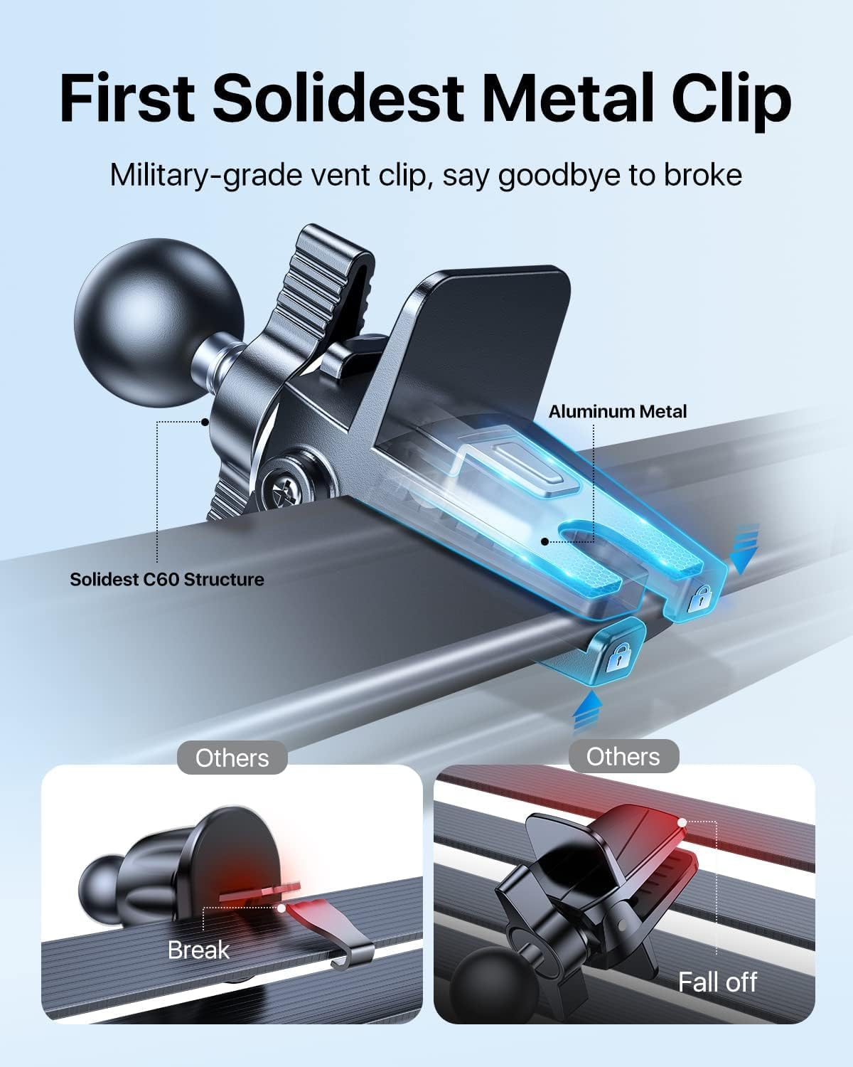 andobil Phone Holders for Your Car - Military Sturdy, Firmly Grip, Never Slip, Car Vent Phone Holder Mount, Phone Mount for Truck Compatible with iPhone 16 15 14 13 12 Pro Max Samsung S24, Sliver