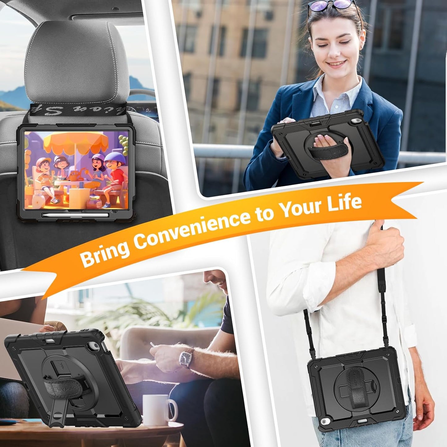 SEYMAC for iPad Air 13 Inch Case M3 2025/ M2 2024, Heavy Duty Shockproof Protective Case with Screen Protector, 360° Rotating Stand, Hand/Shoulder Strap and Pen Holder for iPad Air 13, Black