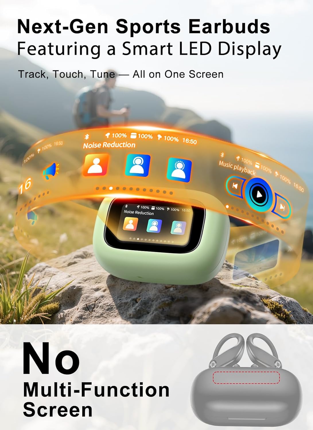 Wireless Earbuds, ANC Noise Cancelling Sport Ear Buds with Multifunctional Touch Screen, Bluetooth 5.4 Headphones, Bass Stereo Sound, 5 EQ Over The Ear Earbuds for Sports/Workout/Gym-Green