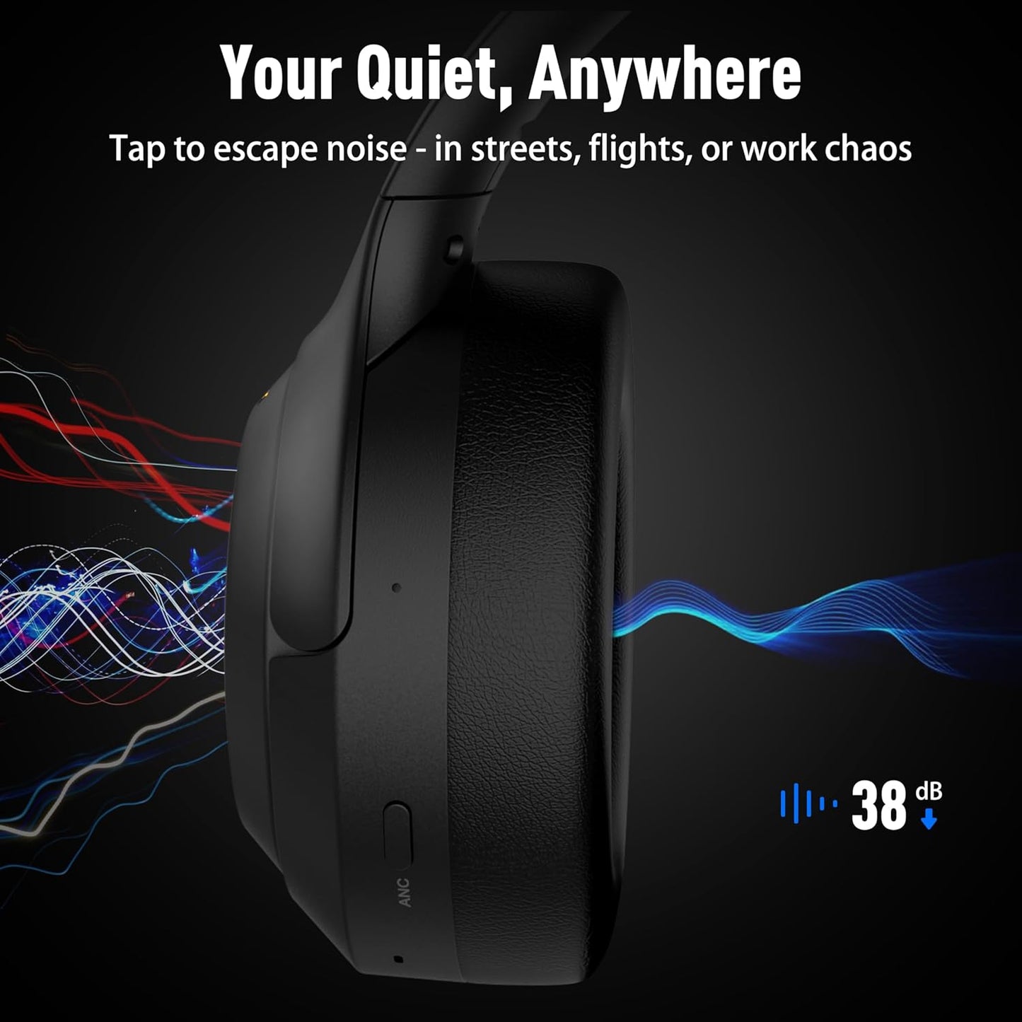 Riwbox Hybrid Active Noise Cancelling Headphones, Wireless Bluetooth Headset Over Ear, 60H Playtime, High-Fidelity, Foldable, Comfort&Immersion for Work/Commuting (Black)