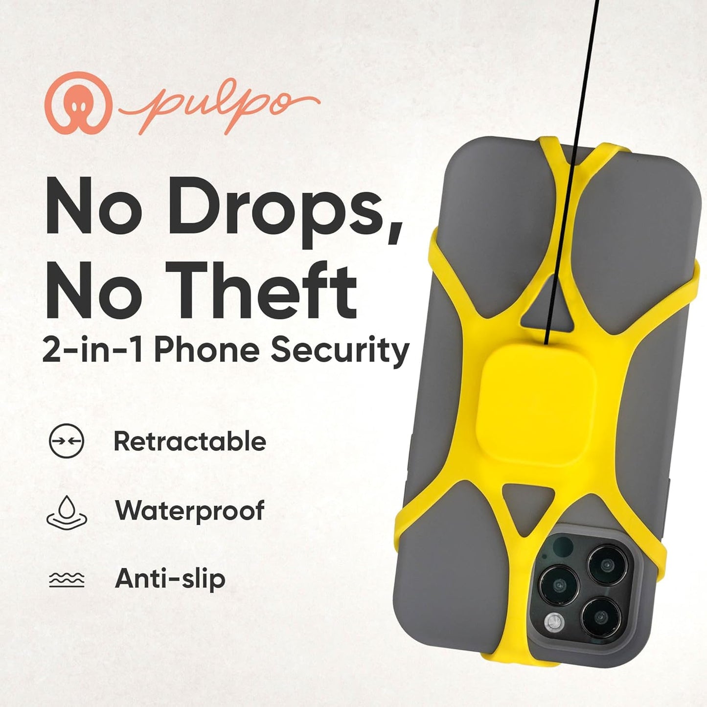 Pulpo Phone Leash Lightning Yellow Fits Smartphones Up to 6.8"-Retractable Anti Theft Phone Tether for Skiing & Kayak Tether, Pickpocket Proof Cellphone Lanyard,Anti-Theft Cellphone Leash for Festival