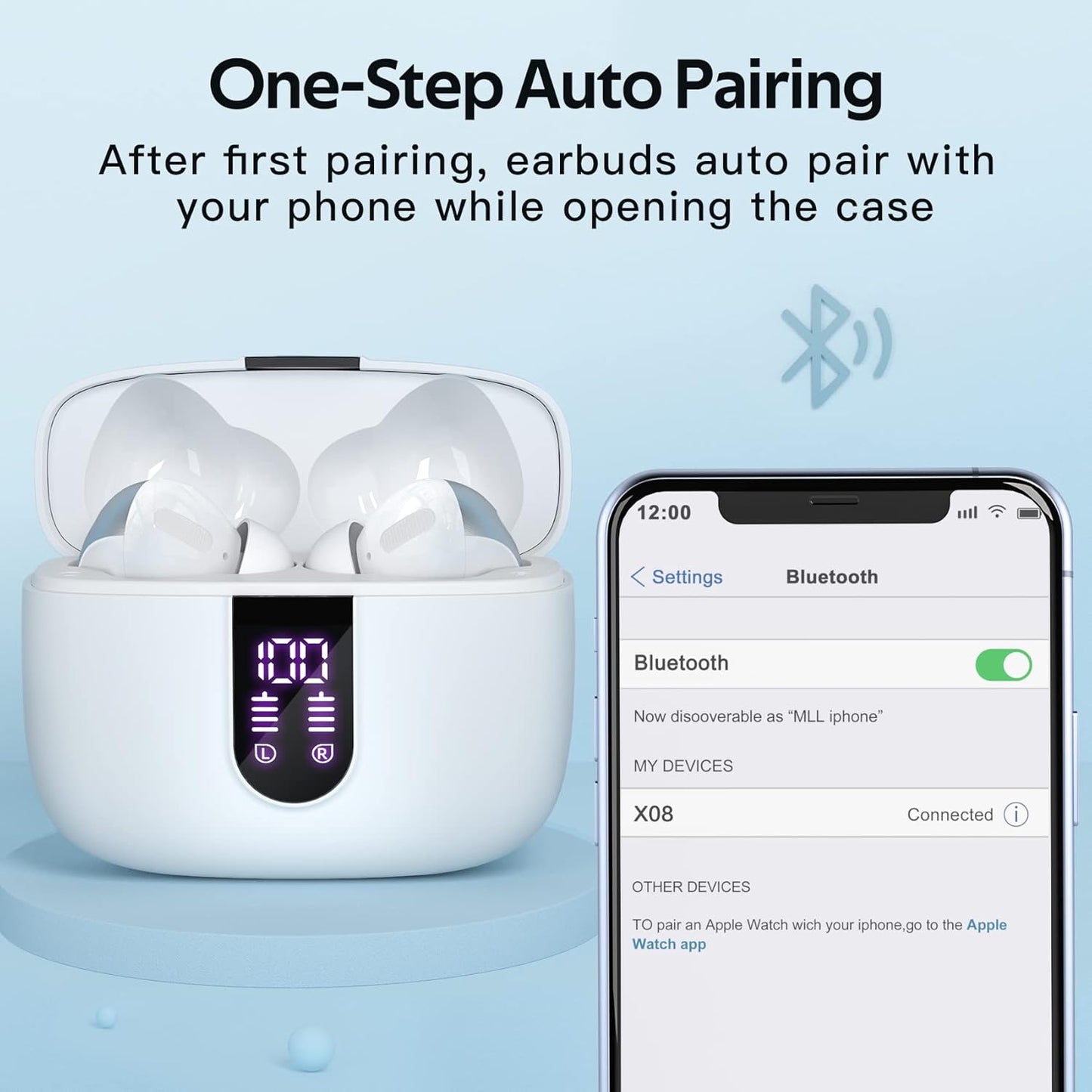 TAGRY Bluetooth Headphones True Wireless Earbuds 60H Playback LED Power Display Earphones with Wireless Charging Case IPX5 Waterproof in-Ear Ear buds with Mic for TV Smart Phone Laptop Computer Sports