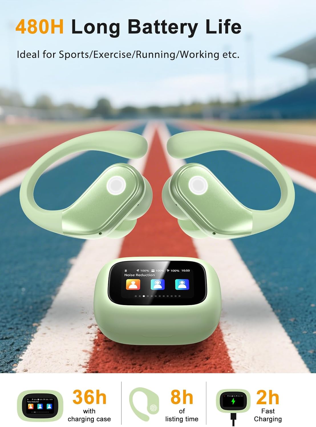 Wireless Earbuds, ANC Noise Cancelling Sport Ear Buds with Multifunctional Touch Screen, Bluetooth 5.4 Headphones, Bass Stereo Sound, 5 EQ Over The Ear Earbuds for Sports/Workout/Gym-Green