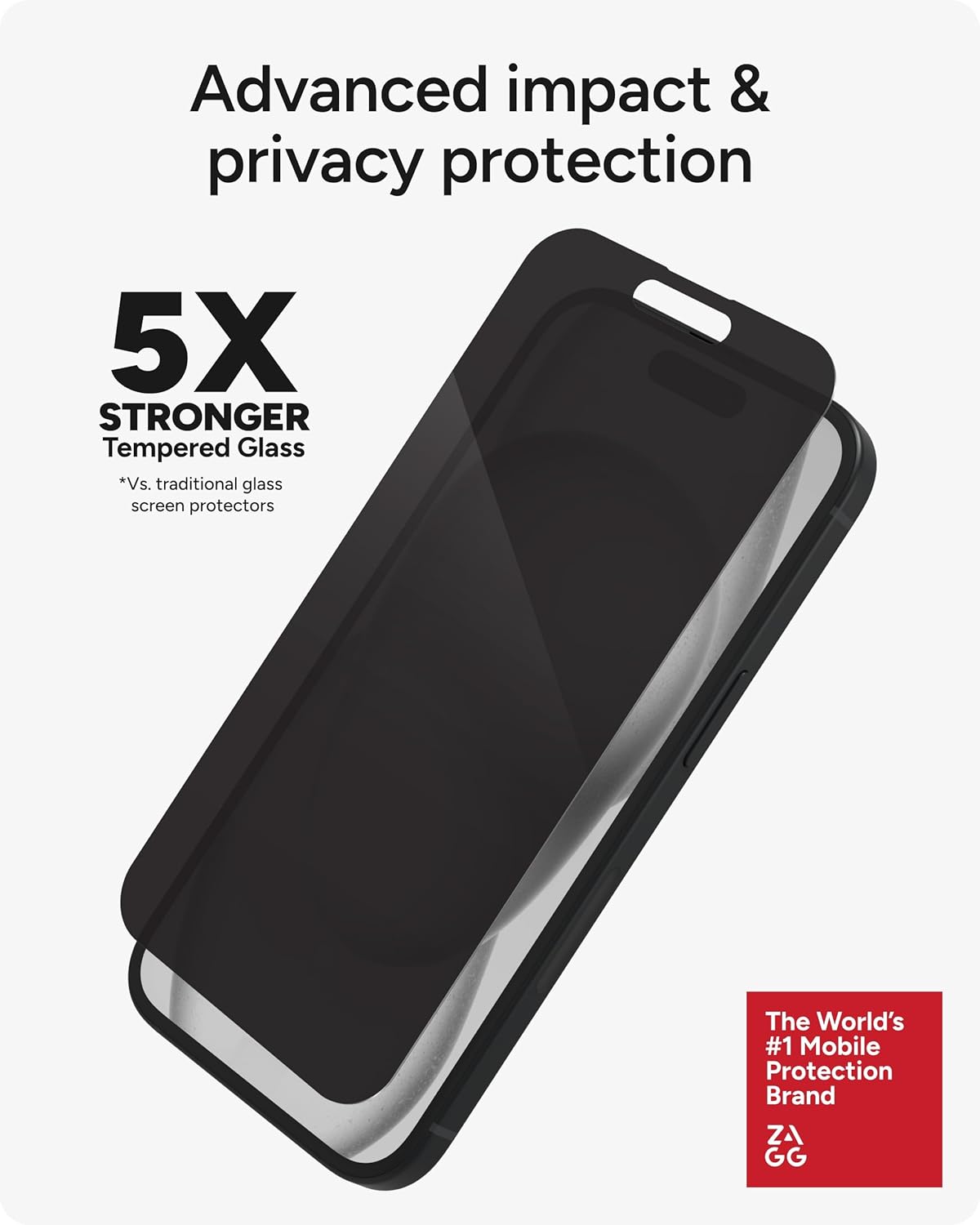 ZAGG InvisibleShield Glass Elite Privacy iPhone 15 Screen Protector - 5X Stronger with Reinforced Edges, 2-Way Privacy Filter, Scratch & Smudge-Resistant Surface, Easy to Install