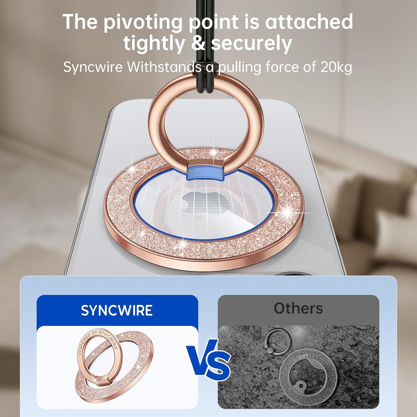 Syncwire Magnetic Phone Grip for MagSafe, Magnetic Sparkle Phone Ring Holder, Rotatable Kickstand Cell Phone Stand Removable MagSafe Accessories for iPhone 15 Pro Max 14 13 12,Android- Rose Gold
