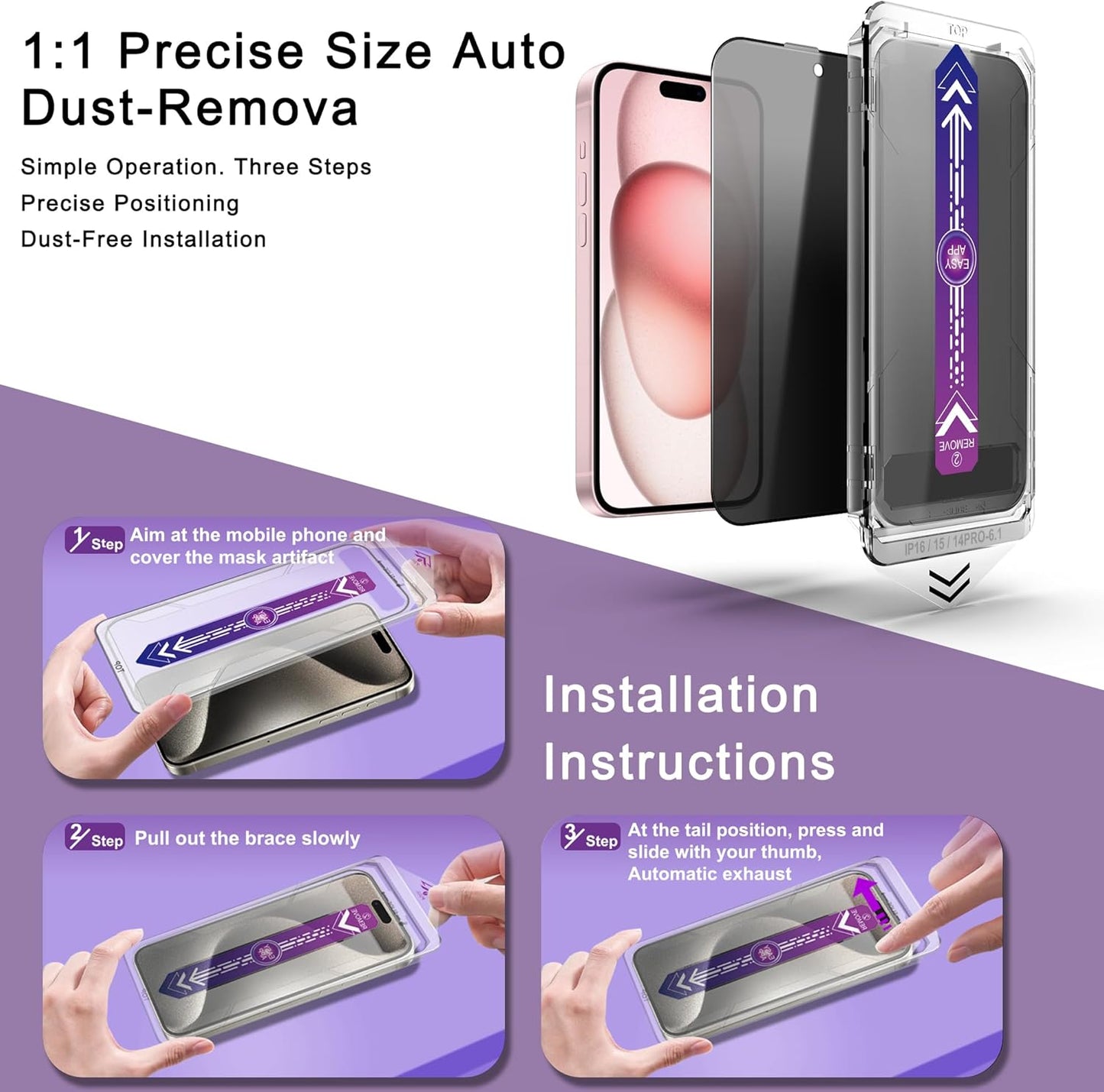 2 Pack Privacy Screen Protector for iPhone 14 Pro/iPhone 15 / iPhone 16, 9H Tempered Glass, Full Coverage, Anti-Fingerprint, Auto Dust-Elimination, No Bubble, Easy Installation