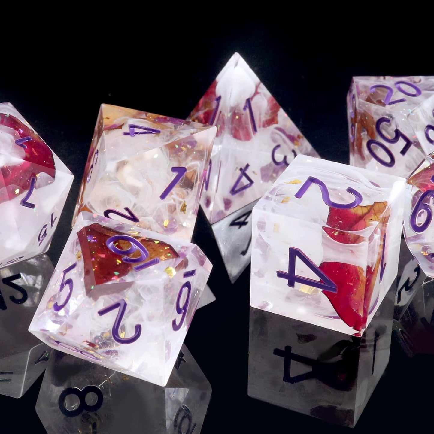 Haxtec DND Dice Set Rose Flower Sharp Edge Dice with Dice Case Handmade White Red Resin D&D Dice Set Purple Numbers for TTRPGs Compatible with Dungeons and Dragons Gifts