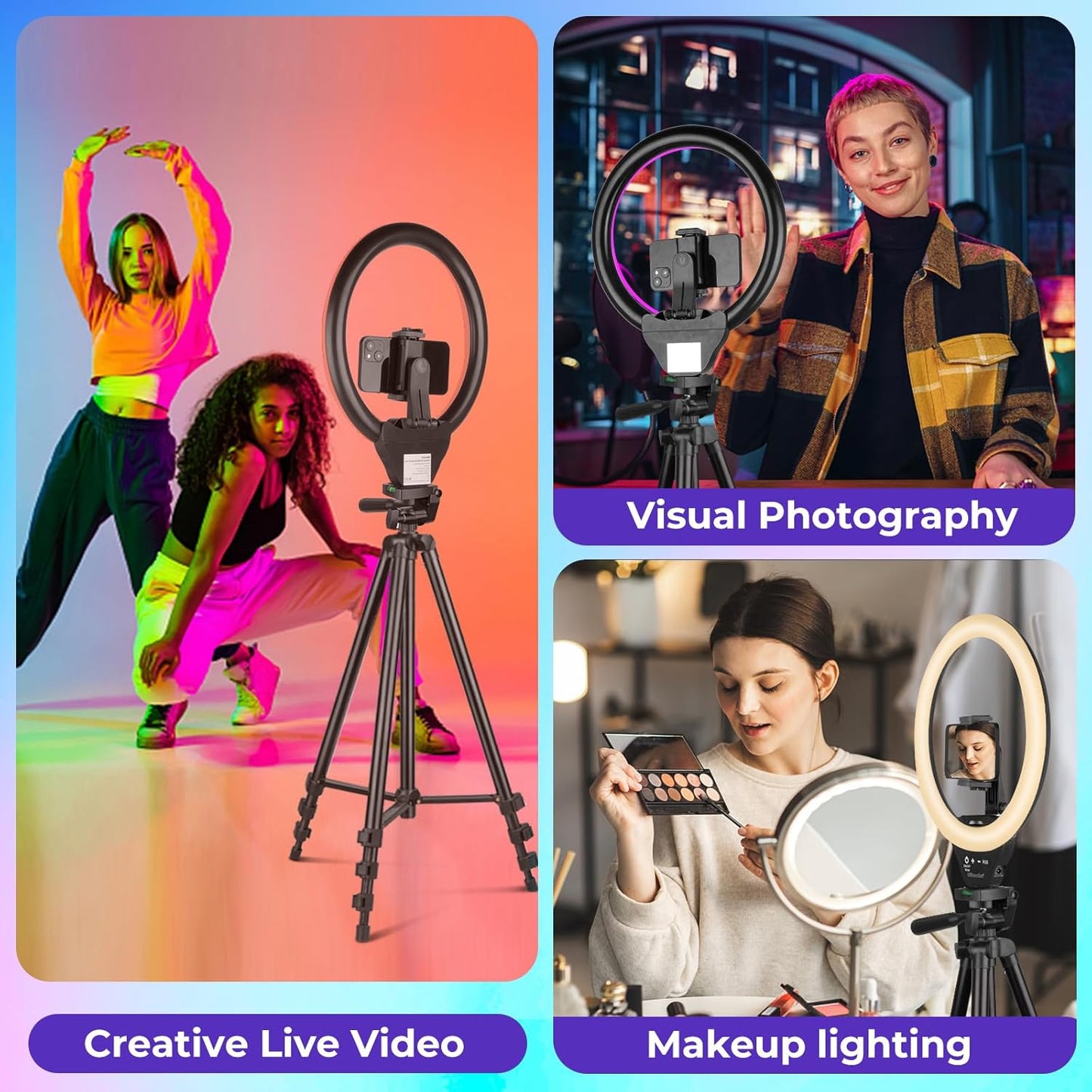 Sensyne 10'' RGB Ring Light with 50'' Extendable Tripod Stand, Circle Lights with Phone Holder for Live Stream/Makeup/YouTube Video/TikTok, Compatible with All Phones