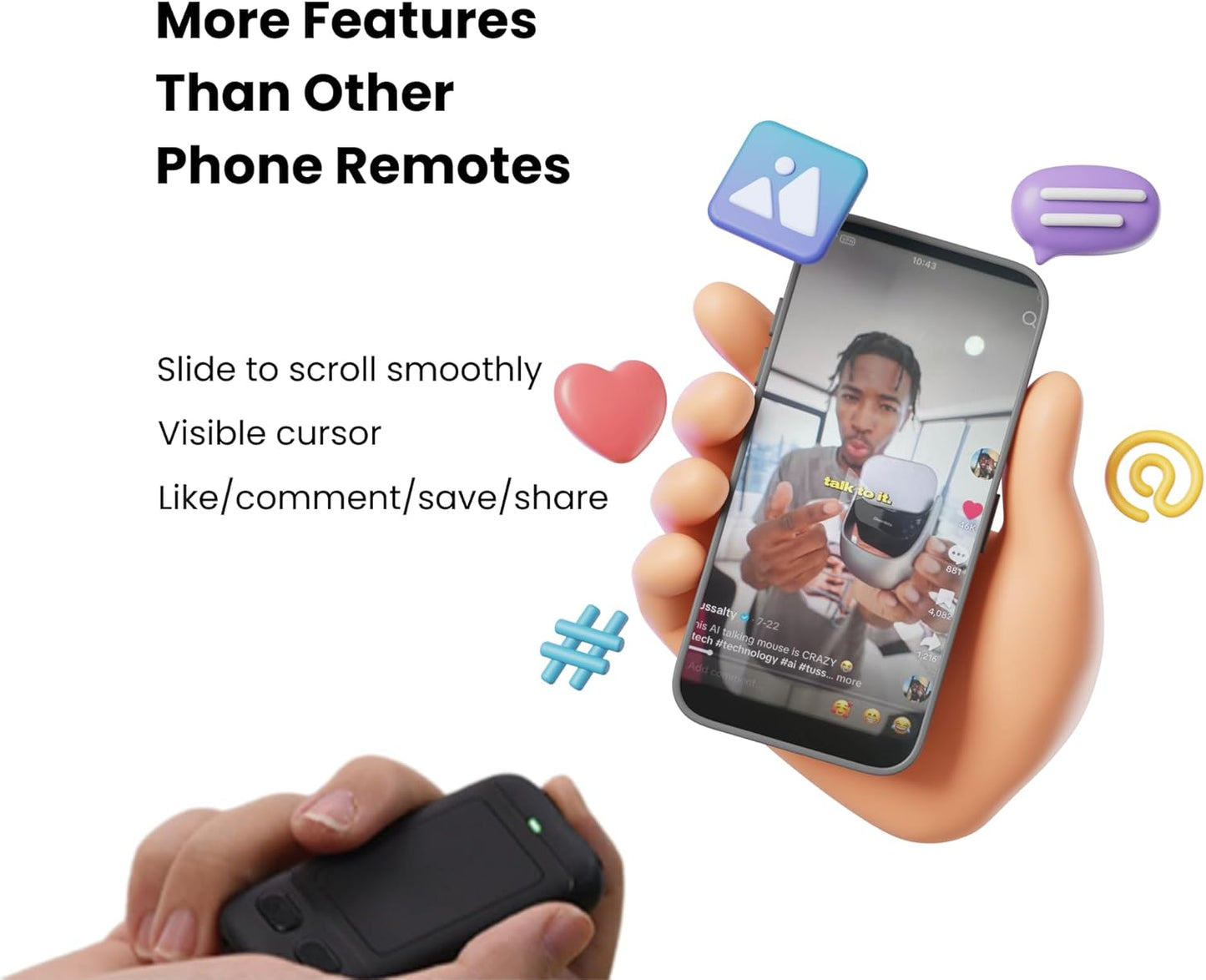 CheerTok Air - TikTok Scrolling Remote Control, Page Turner for Ebook Kindle, Bluetooth Wireless Camera Video Recording Remote for iPhone, iPad, Android, Cell Phones, Smartphones and Tablets