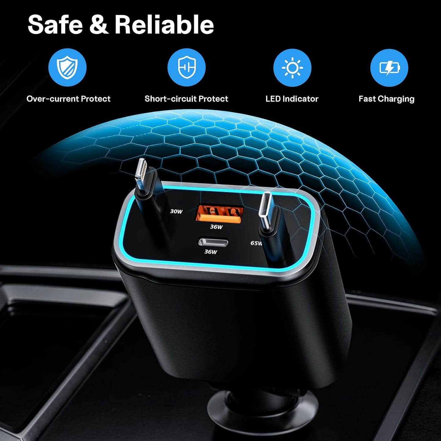 iPhone Car Charger, 4 in 1 Retractable Fast Car Phone Charger Adapter 131W, Retractable Cables (31.5 inch) & 2 USB Ports for iPhone 16/15/14/13/12/11 Pro/Samsung