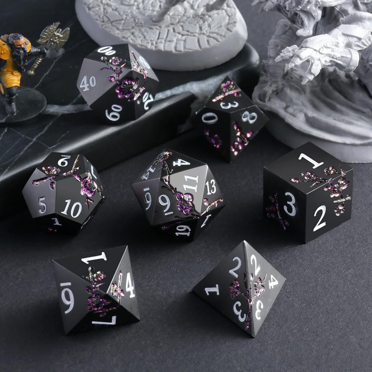 Glitter Purple Metal D&D Dice, DNDND 7 PCS Flower Metallic DND Dice Set with Gorgeous Gift Case for Dungeons and Dragon Tabletop Game (Matte Black with Glitter Purple Flower)