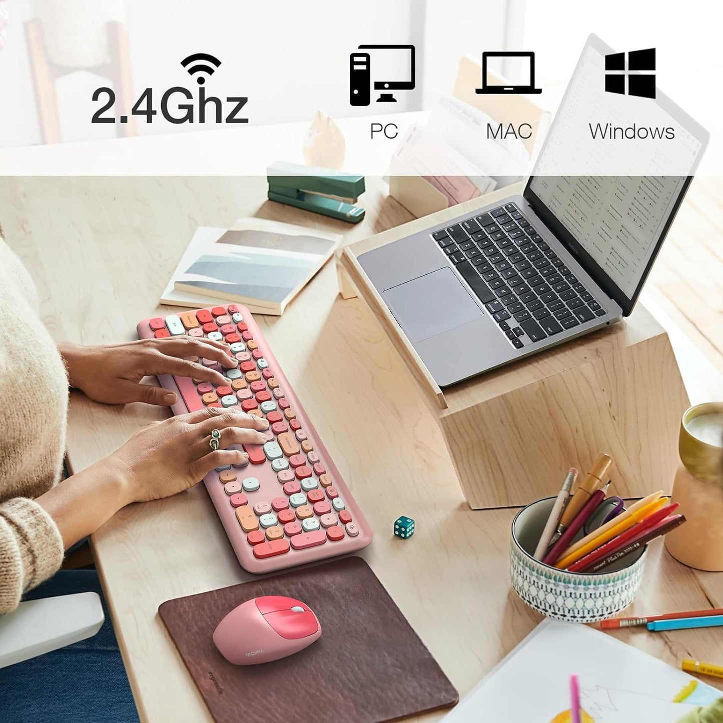 KNOWSQT Wireless Keyboard and Mouse Combo, Pale Pink Full-Sized 2.4G Silent Keycap Colorful Keyboards, USB Dongle Plug Play, for Laptop, Windows, PC, Computer, Desktop