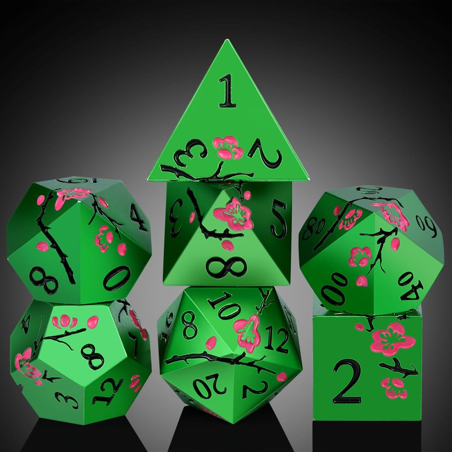 Matt Green Metal Dice Set, DNDND 7 PCS Heavy Metallic D&D Dice Set with Gorgeous Gift Case for Dungeons and Dragon Tabletop Game (Matte Green with Pink Flower)