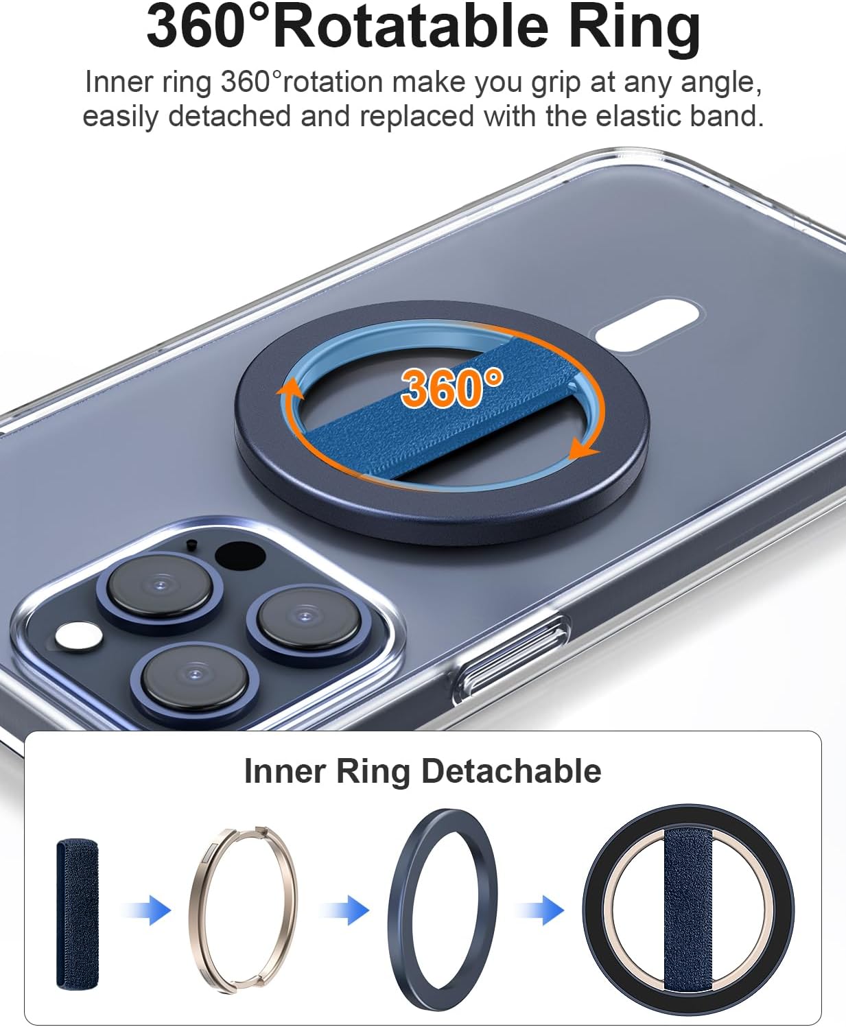 EWA MagOne Solo Phone Grip with Replaceable Elastic Finger Loop, Removable Magnetic Ring Holder Loop, Accessories for iPhone 16,15, 14, 13 Pro/Max/Plus, No Stand-Blue