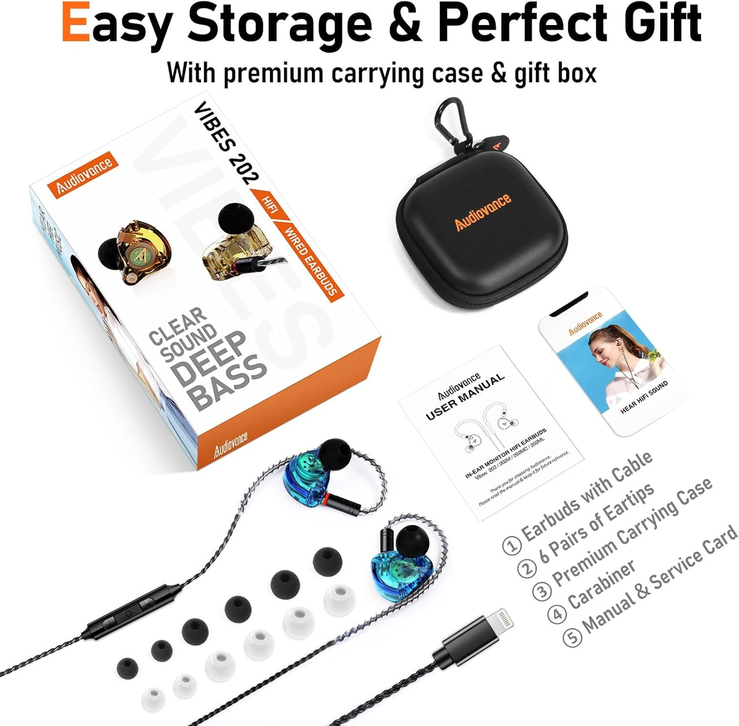 Vibes 202ML Wired Earbuds - HiFi in Ear Headphones for iPhone 5–14, Noise-Isolating Ear Buds w/ Mic - Clear Sound, Deep Bass, Comfort-Fit Earphones - MMCX–Lightning, Silver Plated Cord, Carrying Case