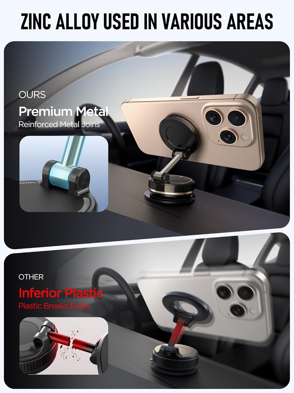 Upgraded Vacuum Magnetic Car Phone Holder for MagSafe[108+LBS Strongest Suction & 3000gf Strongest Magnetic],360° Adjustable Suction Cup Phone Mount for Car,Gym,Mirror,Men Women-Black