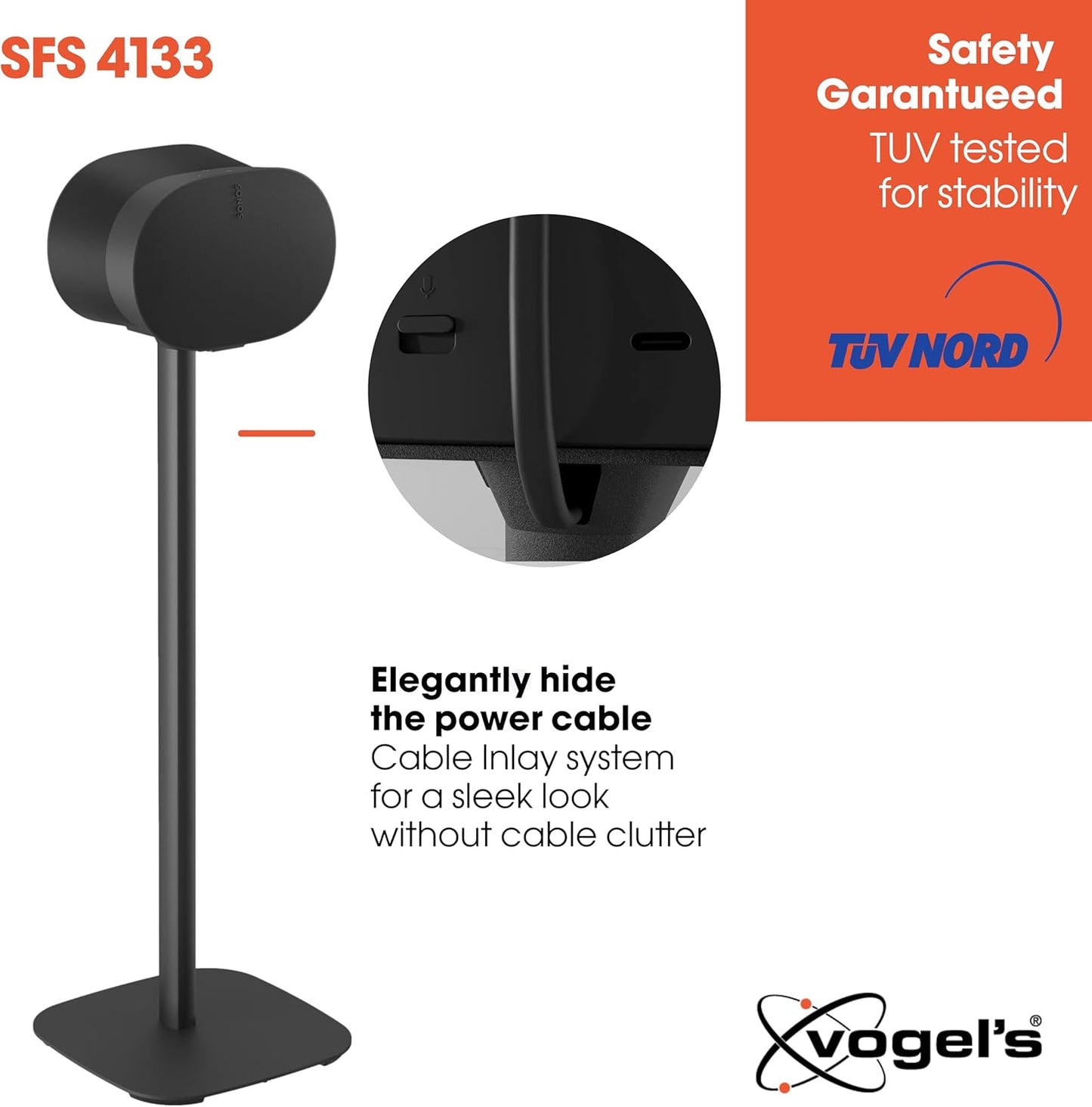 Vogel's SFS 4133 Speaker Floor Stand for Sonos ERA 300, Cable Inlay System, Height: 32,3 inch (82 cm), Exceptionally Stable, Black, 1 Floor Stand