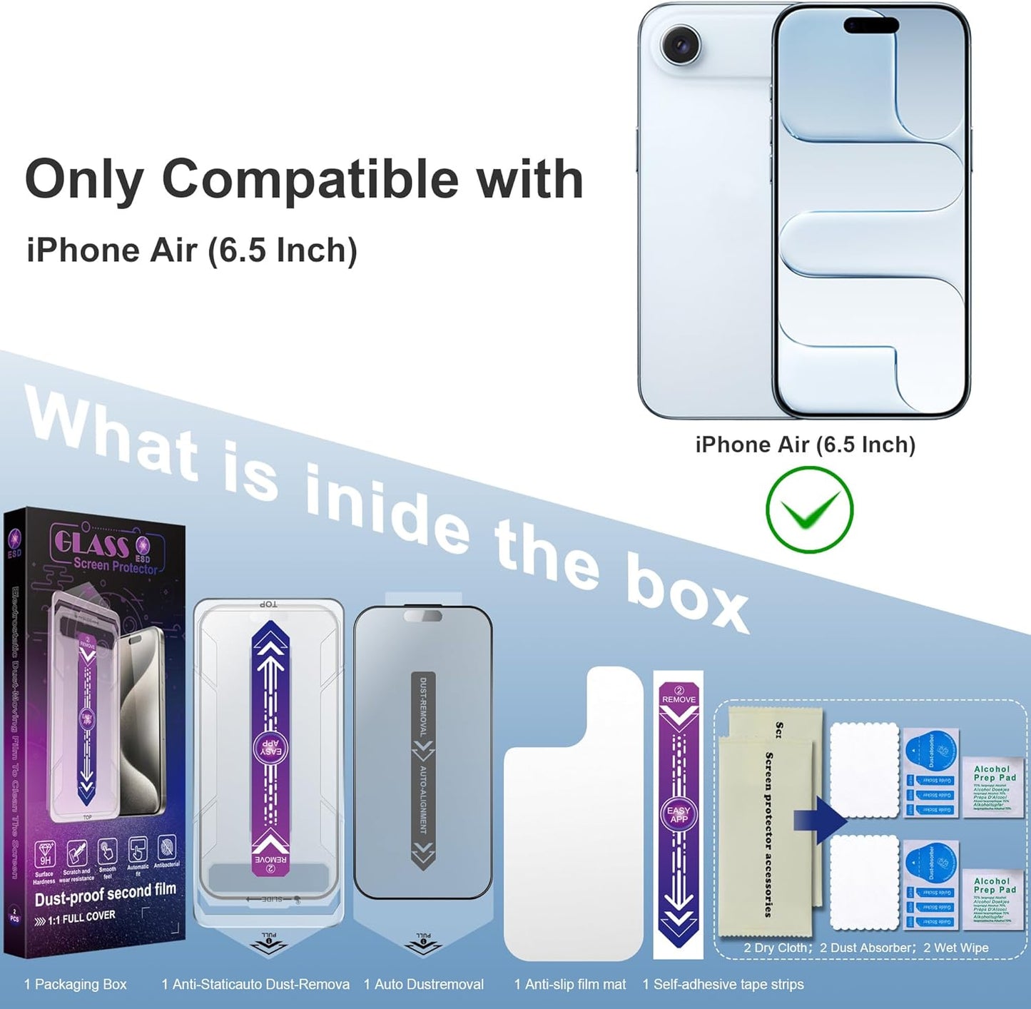 Matte Screen Protector for iPhone Air 6.5-Inch, Auto Dust Removal, 9H Tempered Glass, Full Cover, Anti-Fingerprint, Easy Installation, 2 Pack