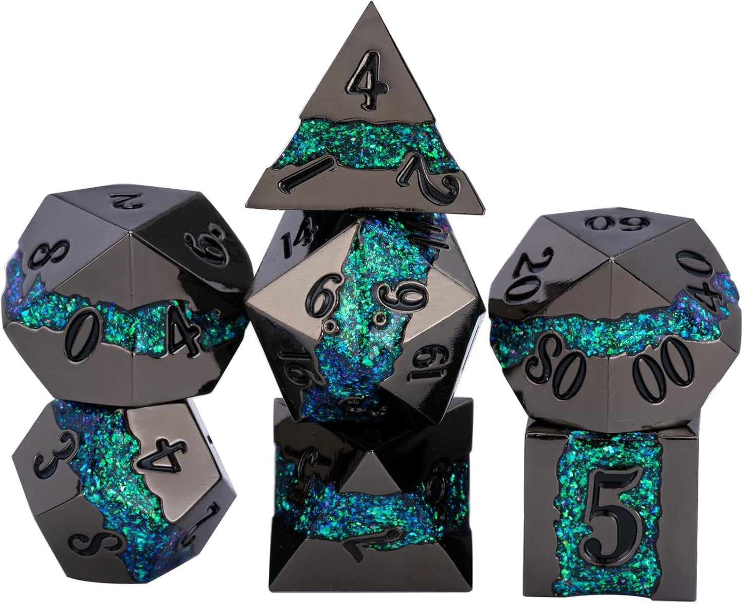 Metal RPG Dice Set,DND Polyhedral Dice Set 7pcs,Metallic Glitter Large Stripe Dice Set for Dungeons and Dragons Role Playing Games(Black Nickel Dark Green)