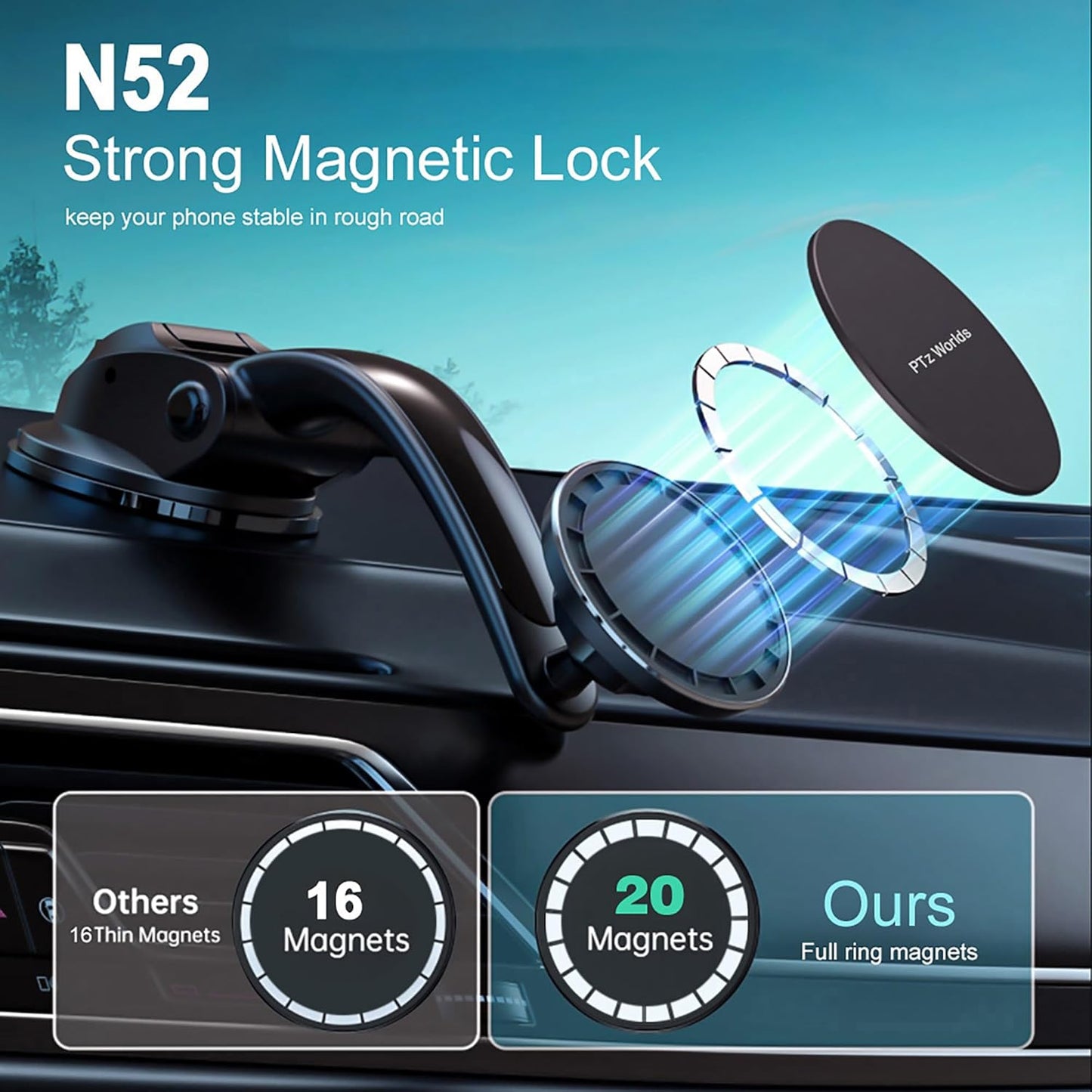 PTz Words for MagSafe Car Mount - Magnetic Phone Holder for Car, Suction Cup, High Heat Resistant, Super Strong Magnets, Compatible with iPhone, Galaxy & Other Smartphones