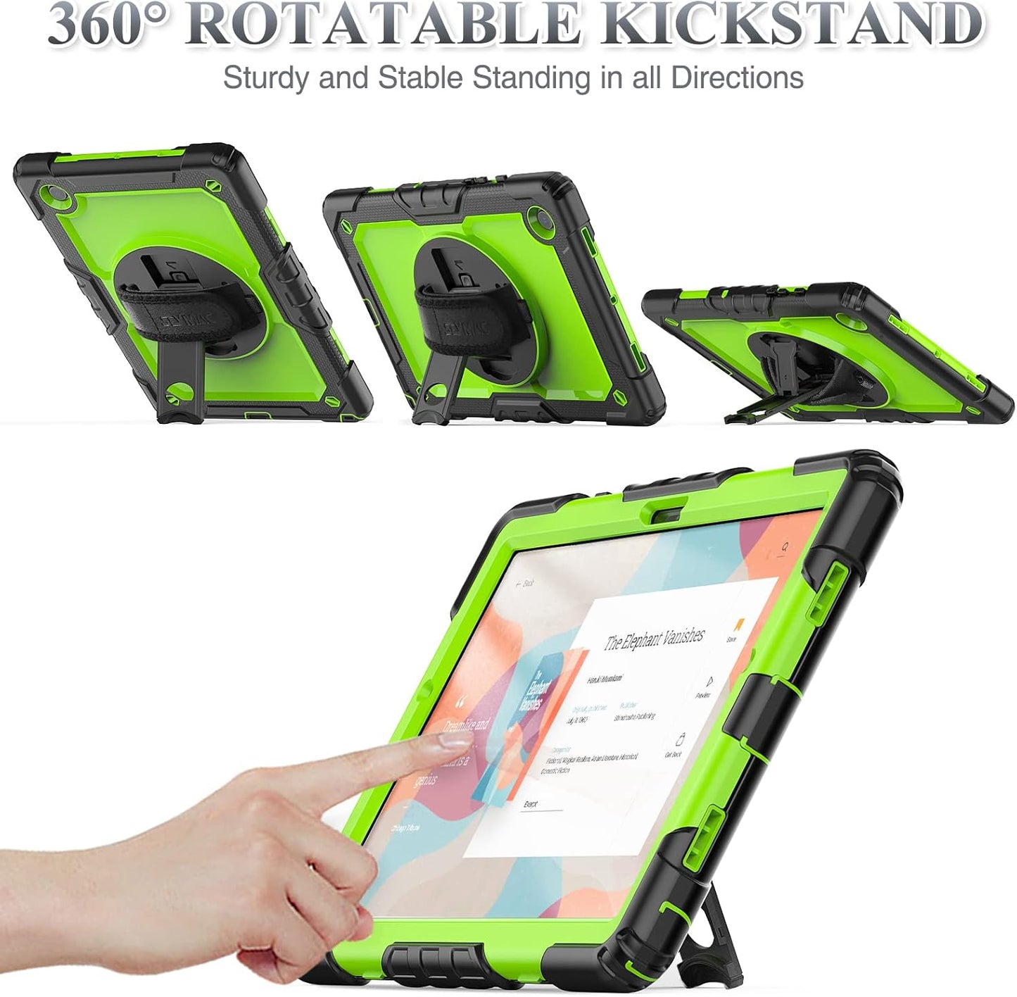 SEYMAC stock Case for Samsung Galaxy Tab A9 8.7'', Full-Body Drop Protection Case with Screen Protector Pencil Holder [360° Rotating Hand Strap] &Stand, Green+Black