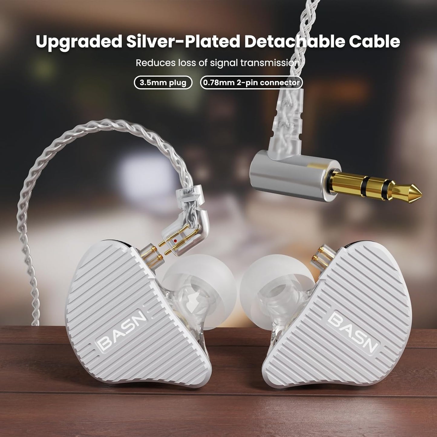 BASN Mix-PD in Ear Monitor,1Planar Driver + 1Dynamic Driver HiFi IEM Earphones with CNC Crafted Metal Cover, Wired 0.78mm 2-Pin Silver Plated Detachable Cable for Musicians (Silver)