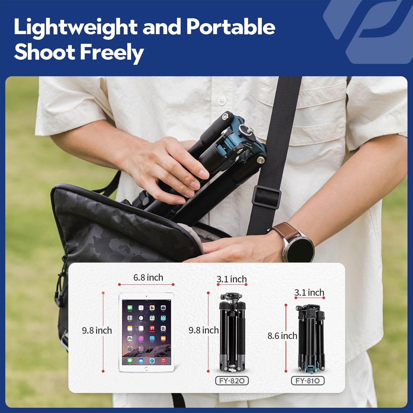 Fotopro Mini Tripod with Ball Head Phone Mount Detachable Selfie Stick Folded only 8.6" Max Load up to 6.6 lbs FY-810 Blue