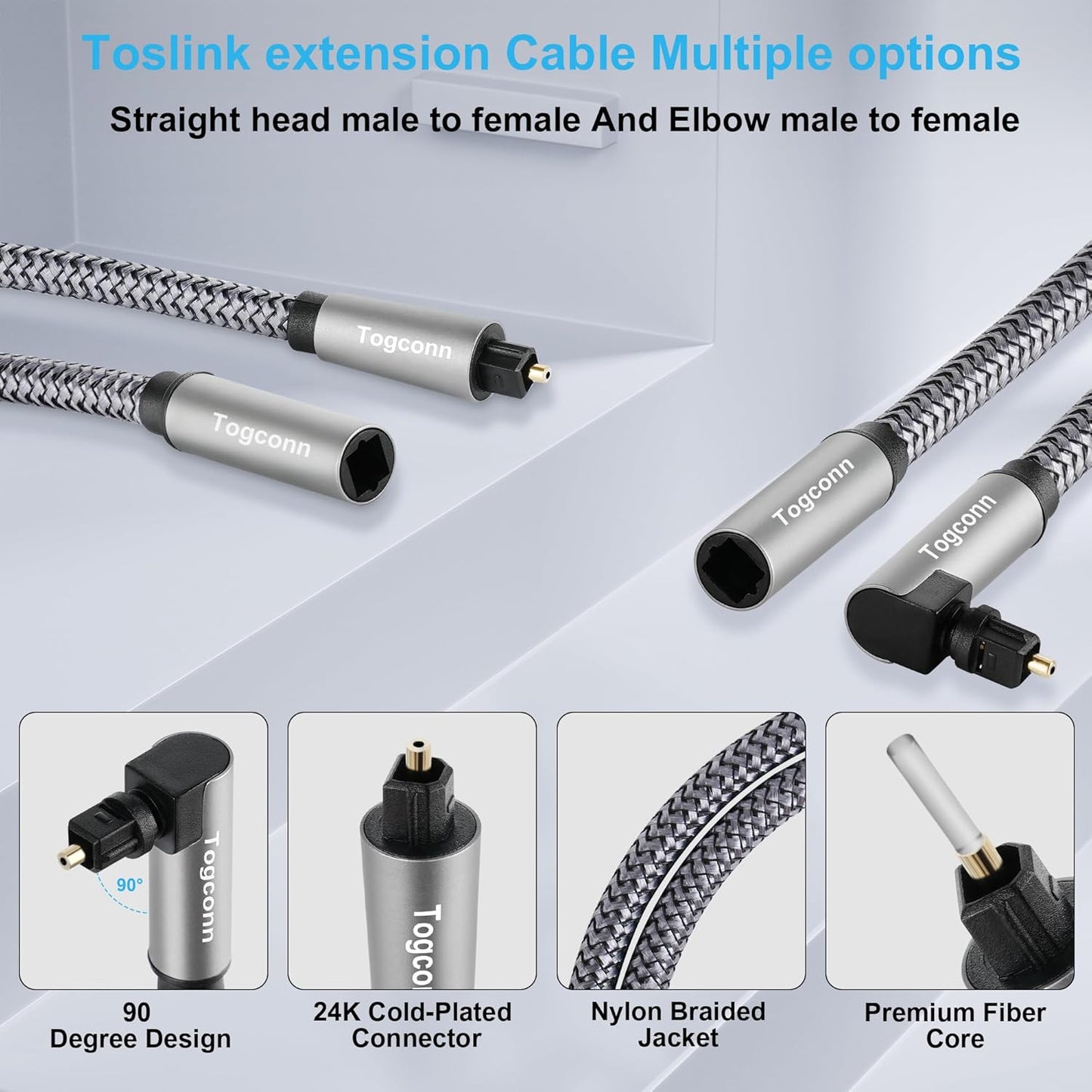 Optical Extension Fiber Digital Cable Adapter 2 Feet（2 Pack）, 90 Degree Right Angle & Straight Male to Female Coupler, Toslink Audio Cable, Nylon Braided for Home Theater, Soundbar, TV and More