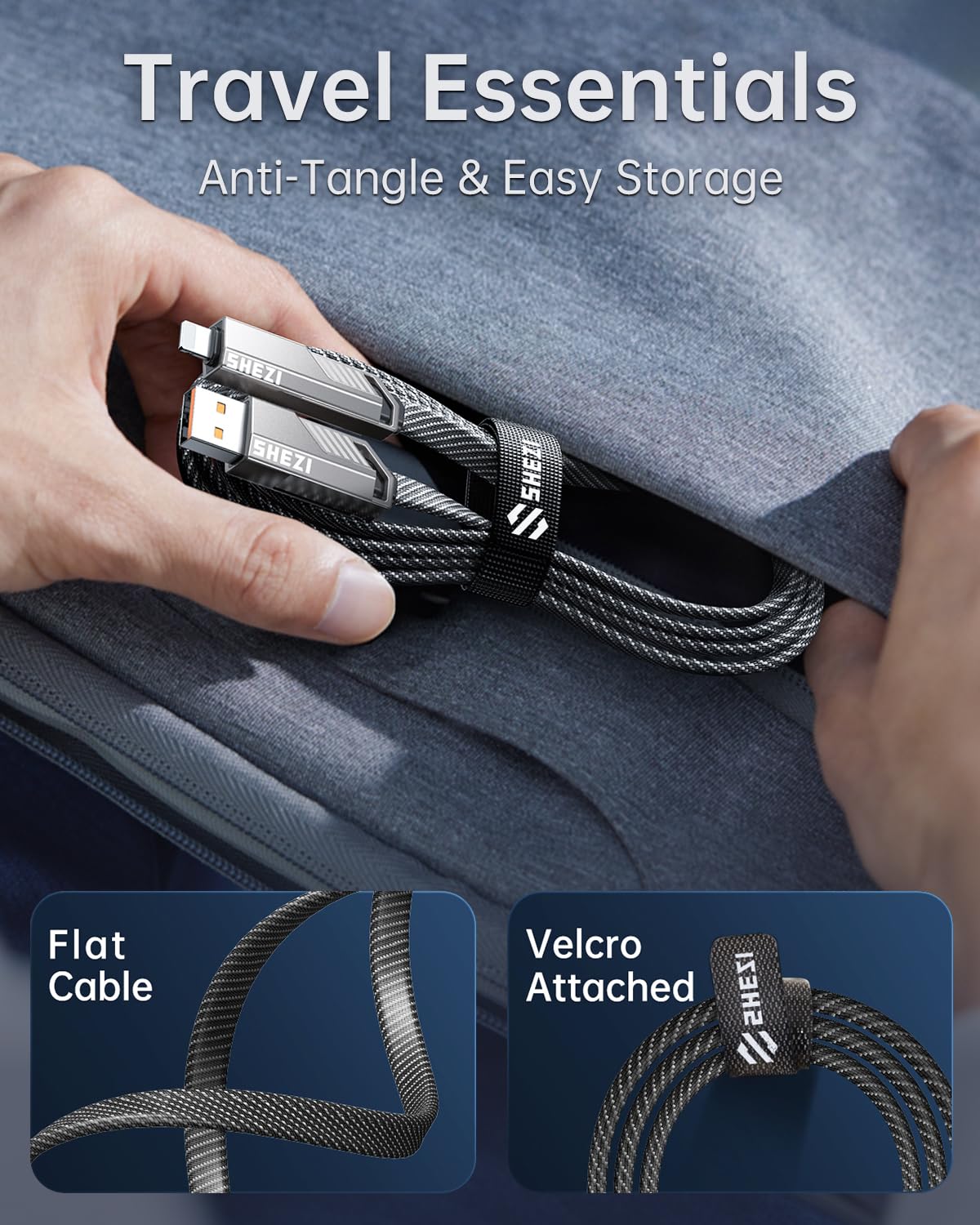 SHEZI [Upgraded 2.0] 4-in-1 USB C Cable 60W 5FT Compatible with Lightning Cable [Fast Charging & Data Transfer] Flat Braided Multi Charger Cord Combo with L/USB C/A Port for iPhone/iPad & All Devices