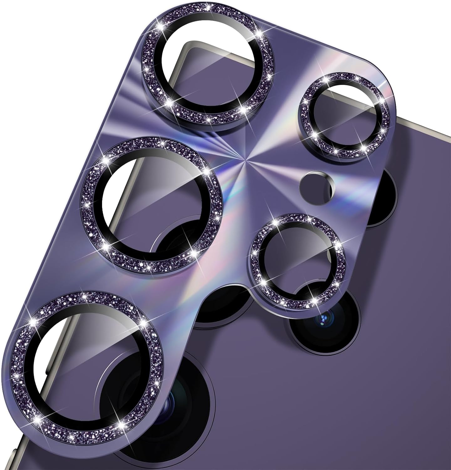 YWXTW Camera Lens Protector for Samsung Galaxy S24 Ultra, [Lithography Laser Gradient] [5X Strengthen] Bling Glitter Tempered Glass Screen Protector Metal Ring Camera Lens Cover (Titanium Violet)