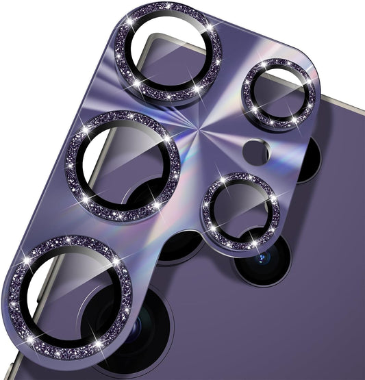 YWXTW Camera Lens Protector for Samsung Galaxy S24 Ultra, [Lithography Laser Gradient] [5X Strengthen] Bling Glitter Tempered Glass Screen Protector Metal Ring Camera Lens Cover (Titanium Violet)