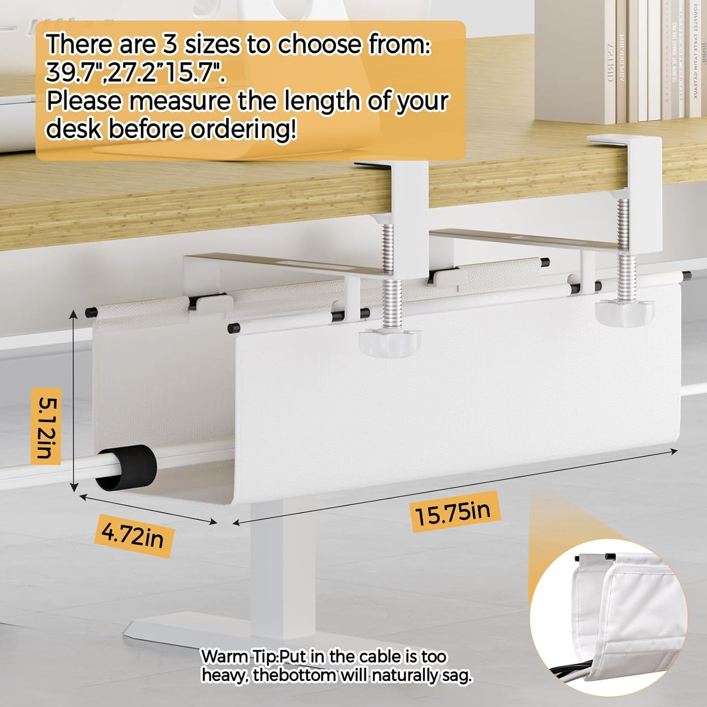 Under Desk Cable Management Tray 15.7" - No Drill Computer Wire Organizer Cable Tray, Cord Hider Clamp Mount with 16X Cable Ties PC Cables Management Cord Holder for Office/Home (Upgrade Fabric,White)