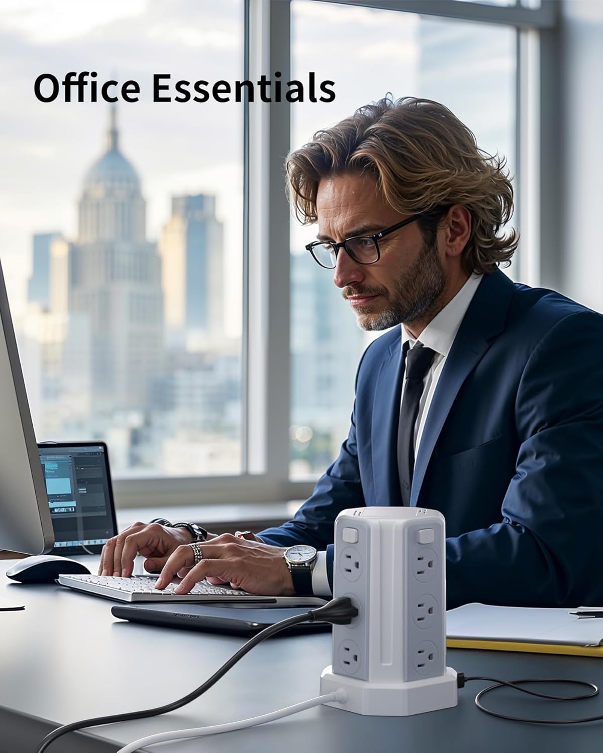 Power Strip Surge Protector, 10 Ft Extension Cord with 12 AC Multiple Outlets 4 USB (1 USB C), SMALLRT Power Tower Desktop Charging Station (White, 6.5 FT)