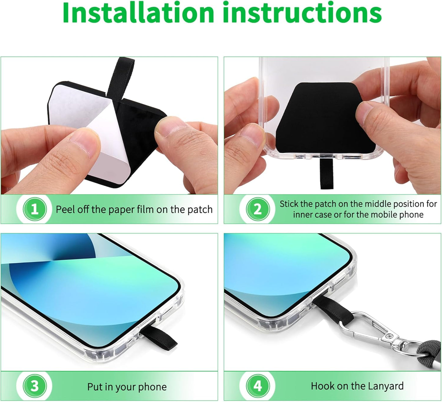 CACOE Phone Lanyard 2 Pcs-2 Pcs Adjustable Neck Strap, 4 Pcs Patches, Universal Crossbody Multifuctional Cell Phone Lanyards Compatible with Most Smartphones(Black+Dark Green)