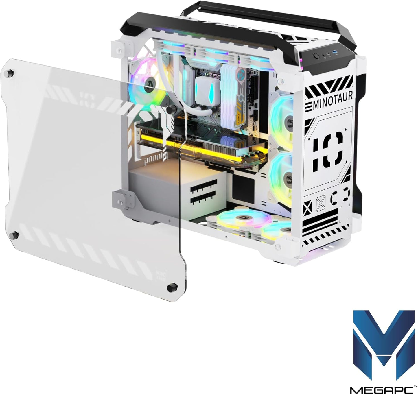 MegaPC Mino Open-Frame ATX Gaming Case – Industrial Design, Tempered Glass Panels, High Airflow, ARGB Lighting, USB-C Port (Black/White/Print Stream, with Fans Only)
