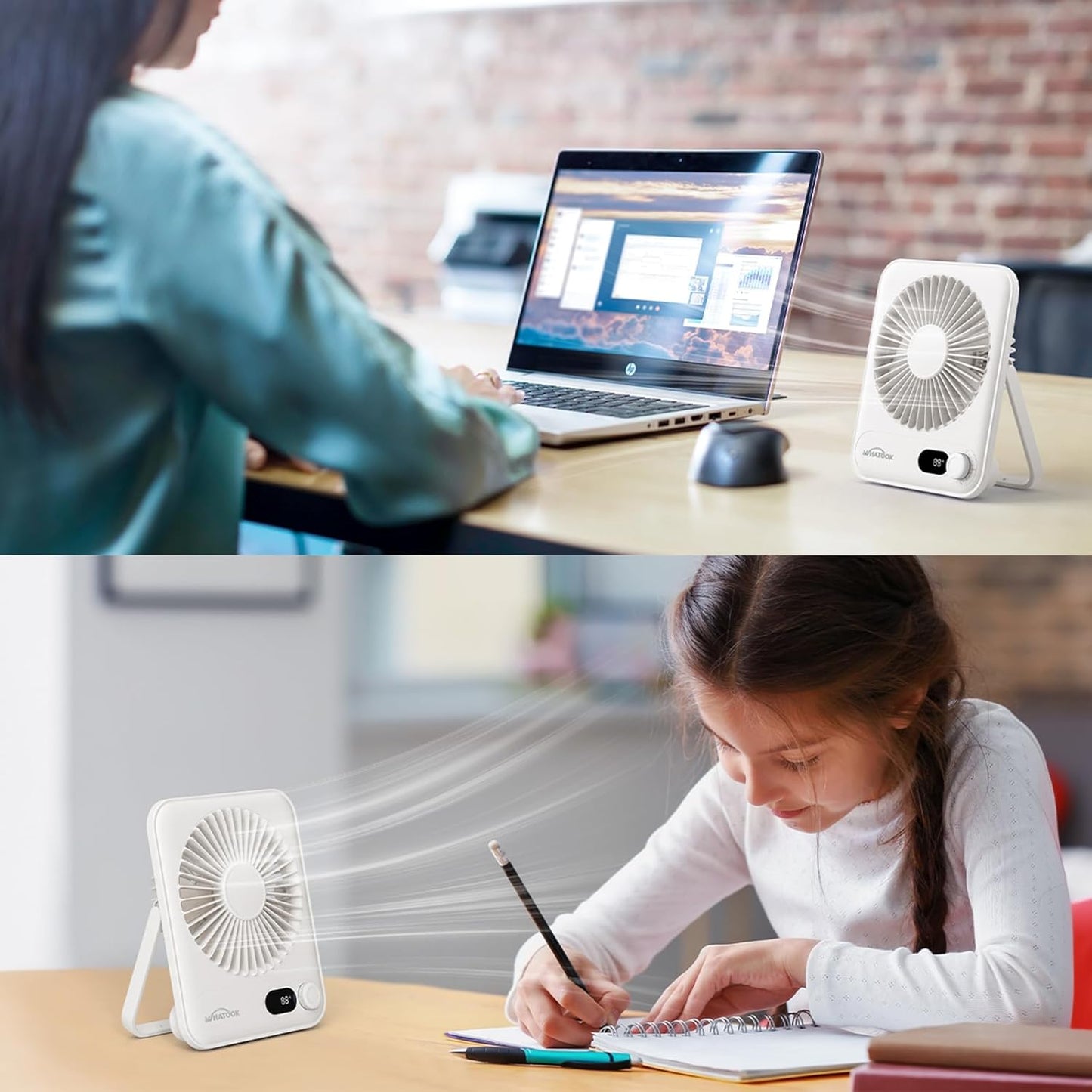 WHATOOK Small Desk Fan Personal Fans: 5000mah 25 Hours Battery Office Quiet Mini Desktop Fan Portable Rechargeable Travel Essentials (White, 2000)