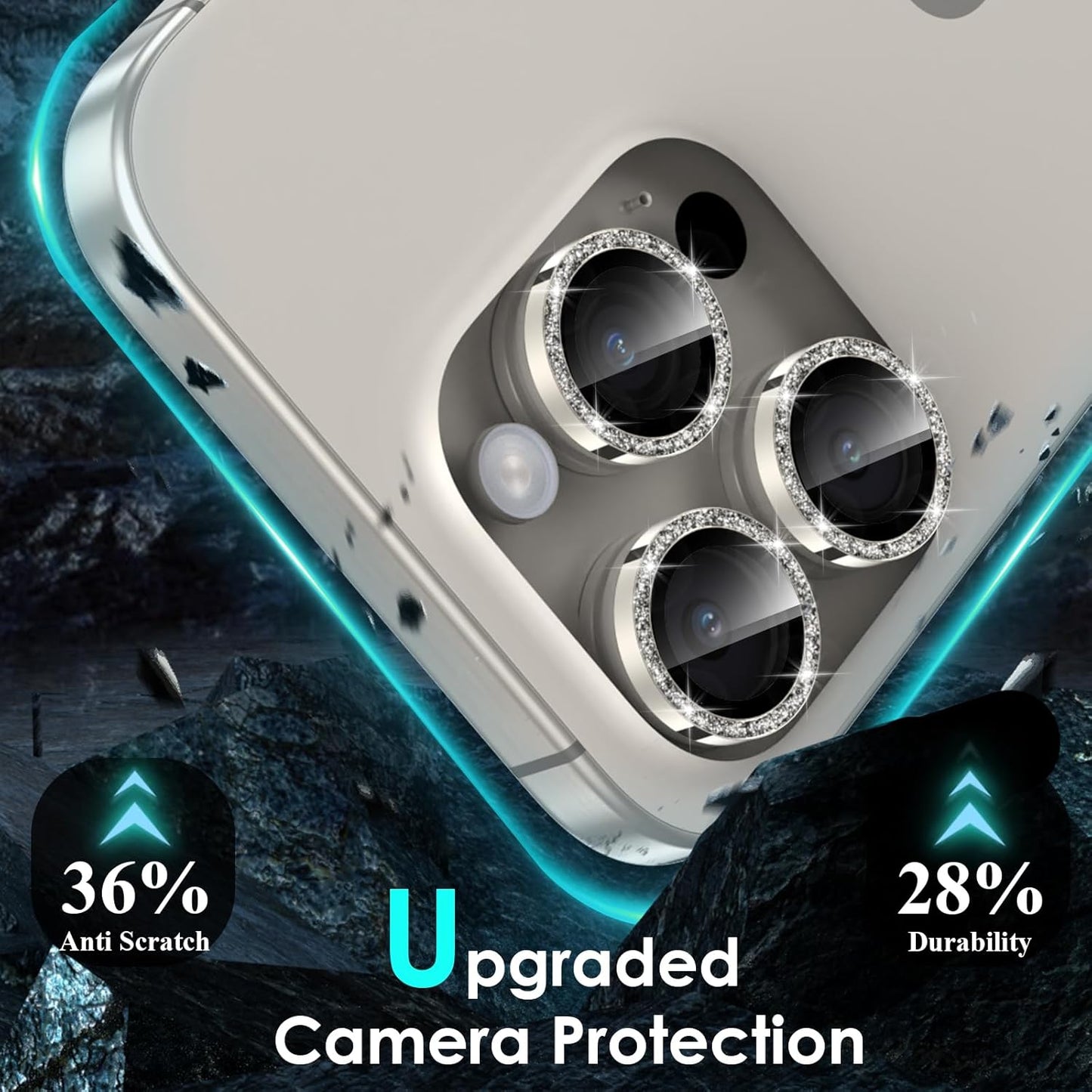 YWXTW Designed for iPhone 15 Pro/iPhone 15 Pro Max Camera Lens Protector Bling, [New Glitter Design] Individual Metal Tempered Glass Camera Cover Accessories Case Friendly (Natural Titanium Glitter)