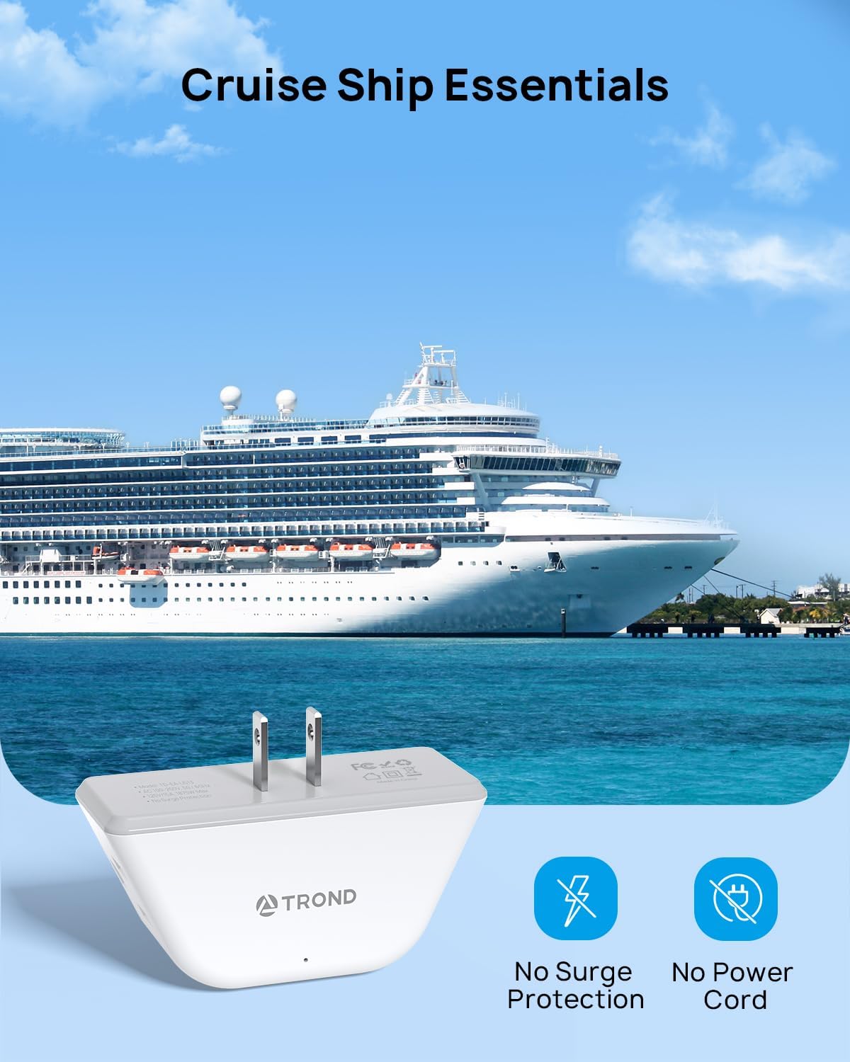 TROND 2 Prong to 3 Prong Outlet Adapter 2 Pack, 3-Way Angled Wall Extender with 3 AC Sockets, Plug Expander for Non-Grounded Outlets in Old House, Cruise Ship Essentials, White