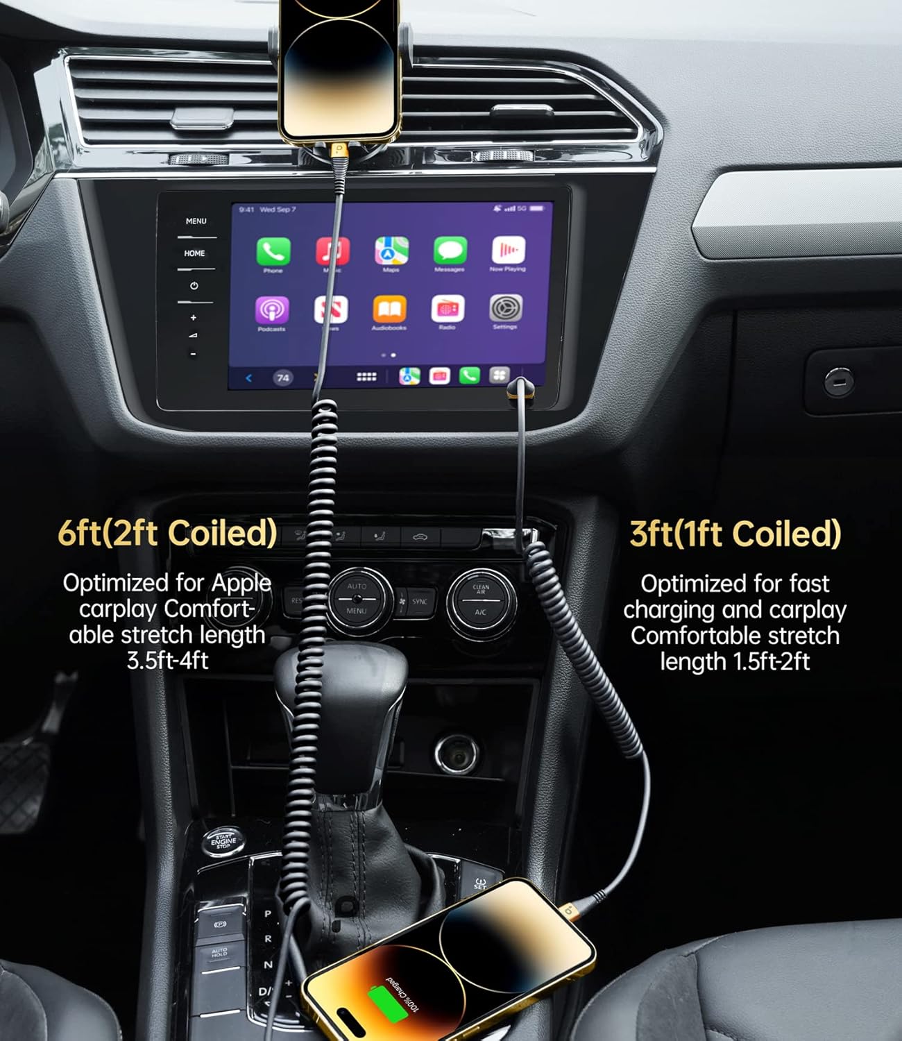 Short iPhone Charger Cable for Car, 2 Pack 3FT Coiled Lightning Cable [Apple MFi Certified] iPhone Charger Cord Compatible with iPhone 14/13/12/11 Pro Max/XS MAX/XR/XS/8/iPad/iPod/CarPlay-Gold