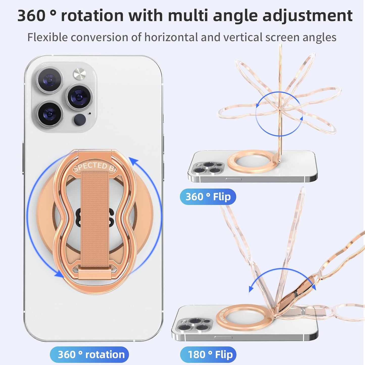 RESPECTED-BRO-Magnetic-Phone-Grip-Stand-with-Finger-Strap, 4-in-1 Magnetic Ring Holder, Kickstand and Elastic Strap for Smartphones, Universal Fit for iPhone, Android, and Cases (Rose Gold)