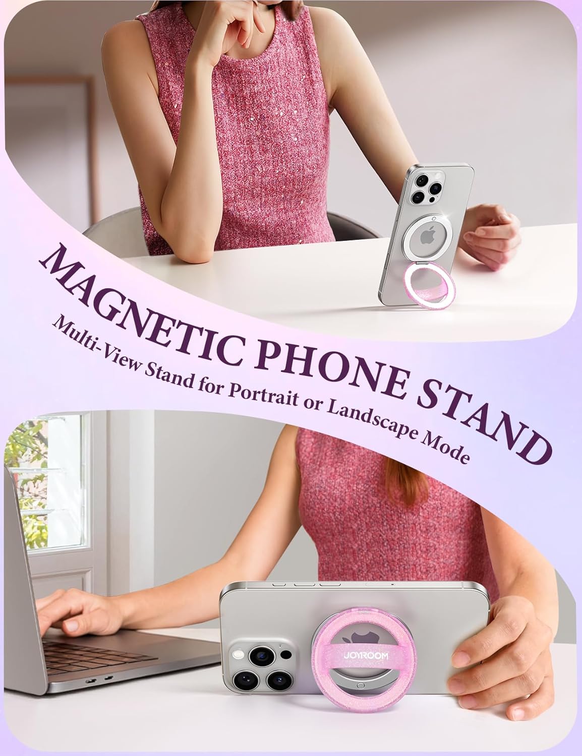 JOYROOM Magnetic Phone Grip, Silicone Finger Loop Grip [Stylish Twinkle][Glitter] Phone Grip for Magsafe, for iPhone 16 Pro Max/15 Pro Max/14/13/12 Series, Pink