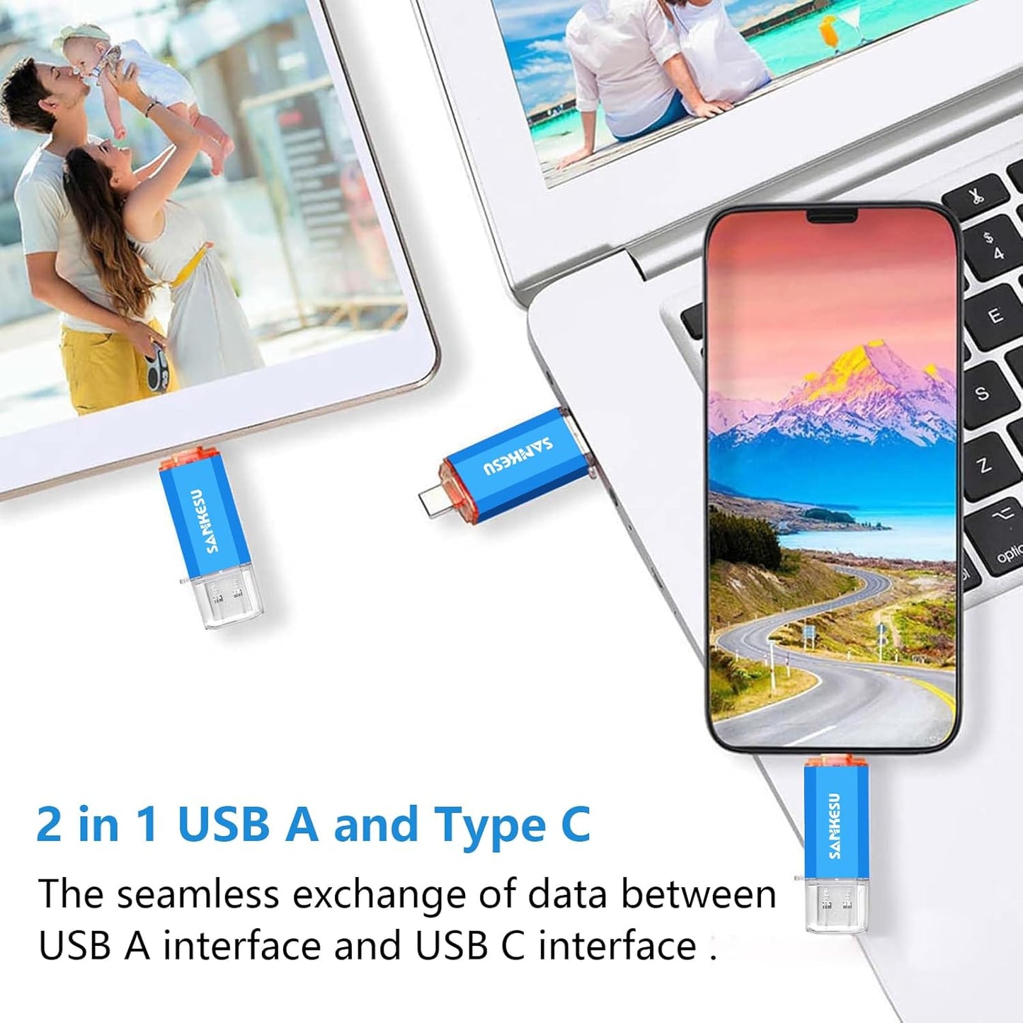 3.0 USB C Flash Drive 512GB, USB-A & Type-C OTG Thumb Stick, Dual Memory Sticks Compatible with PC/Laptop/Type C Cell Phone and Tablet (Blue)