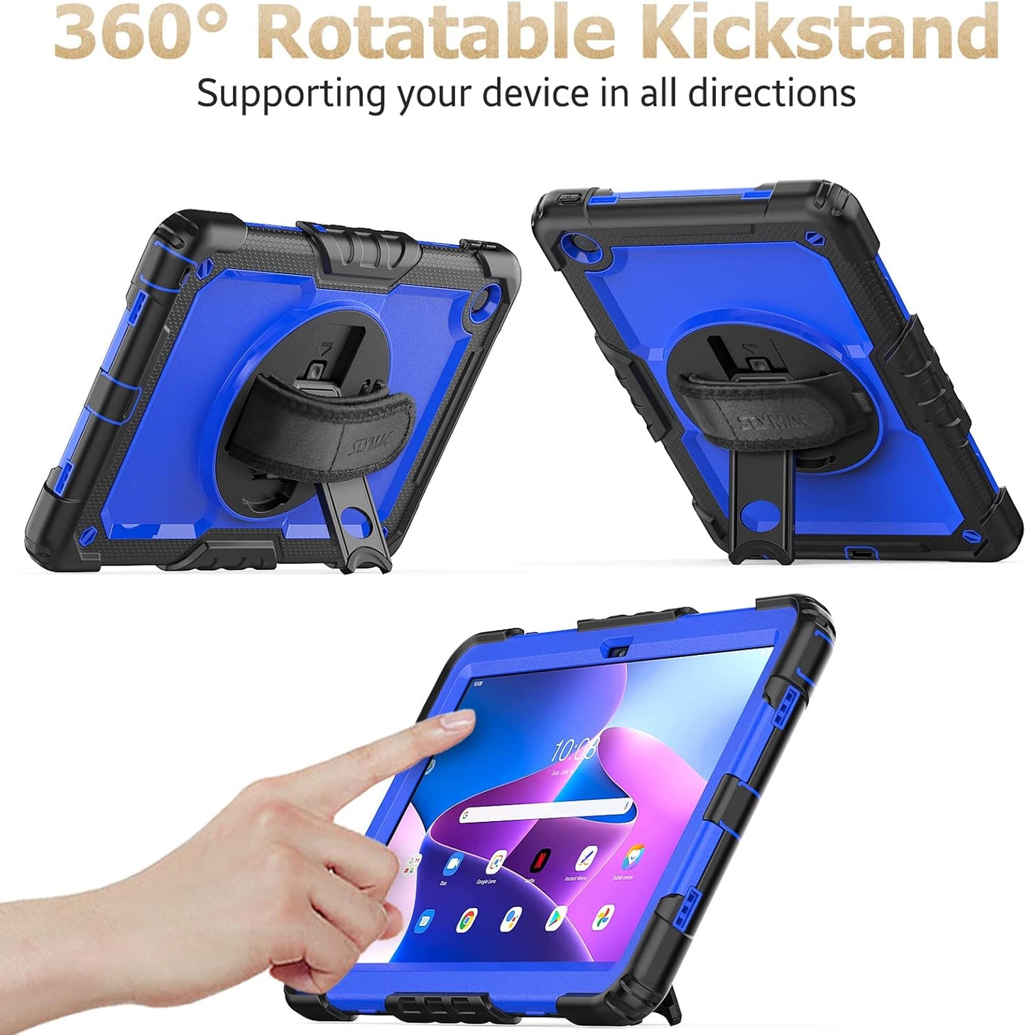 SEYMAC stock Tablet Case for Lenovo Tab M10 Plus 3rd Gen (TB-125FU/128FU/128XU) 10.6 inch Drop-Proof Protection Cover with 360° Rotate Stand & Strap [Pen Holder] & Screen Protector, Blue+Black