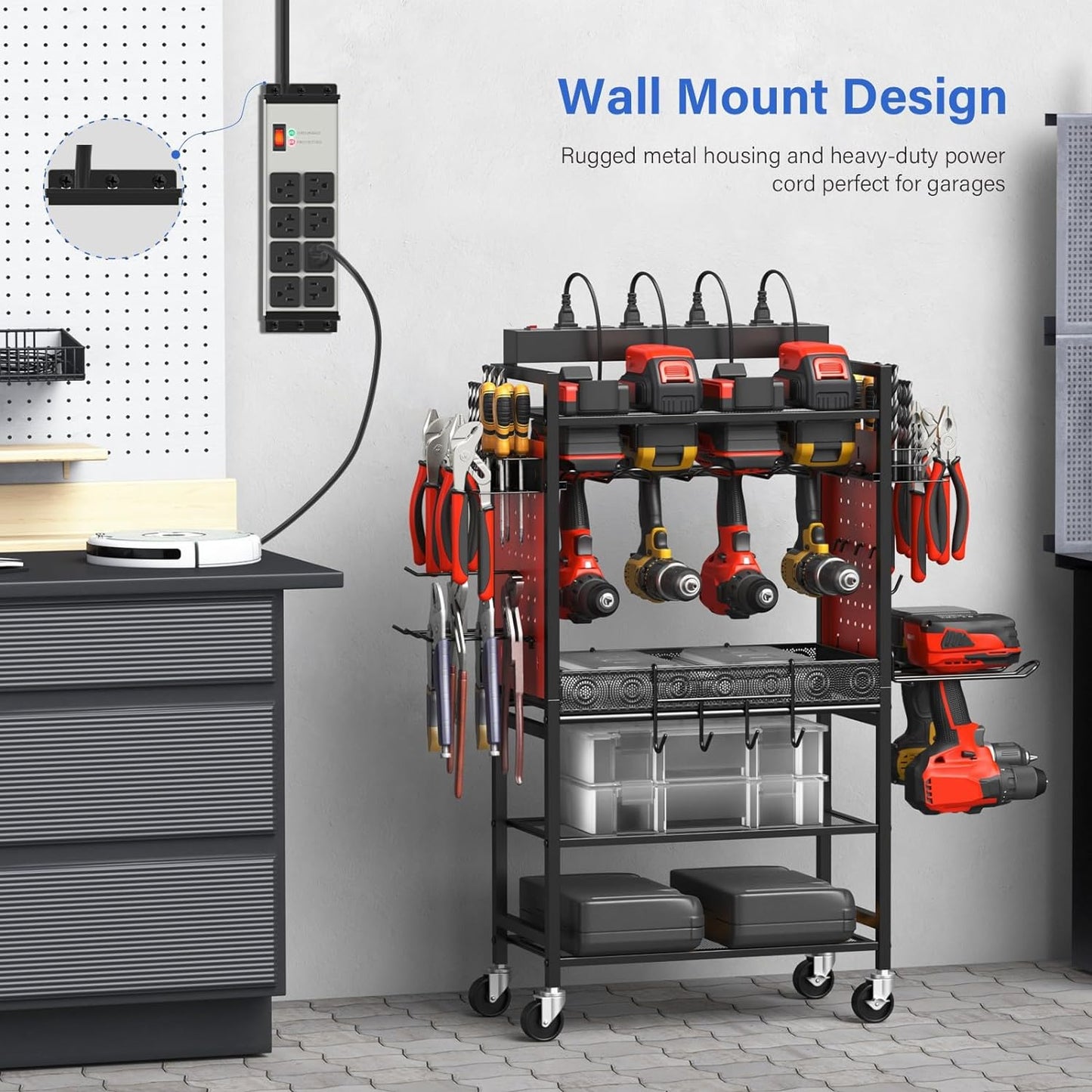 CCCEI Grey Heavy Duty Power Strip Surge Protector 20 AMP, 8 Outlets 12 Gauge Industrial Shop Garage Metal Multiple Outlets, 12 FT Extension Cord 5-15P Adapter High Amp 6-20R T-Slot 20a for Appliance