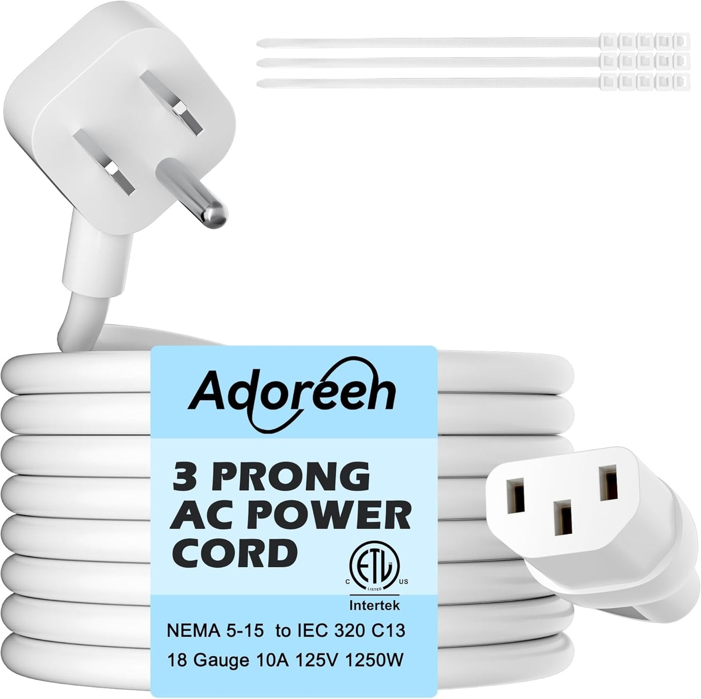 Adoreen 10 Ft Computer TV Replacement Power Cord White, Low Profile Flat Plug 18AWG 3-Prong AC Universal Power Supply Cable NEMA 5-15P to IEC 320 C13 for Printer, PC, Monitor TV LCD, ETL+Ties