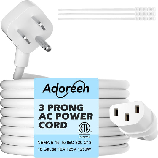 Adoreen 10 Ft Computer TV Replacement Power Cord White, Low Profile Flat Plug 18AWG 3-Prong AC Universal Power Supply Cable NEMA 5-15P to IEC 320 C13 for Printer, PC, Monitor TV LCD, ETL+Ties