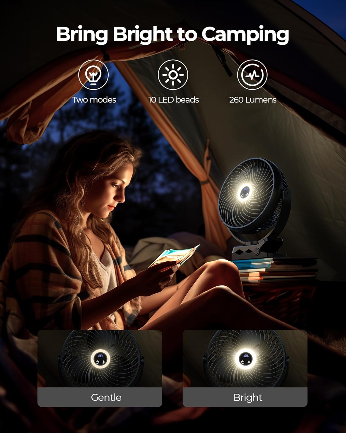 xasla 10000mAh Portable Clip On Fan With Light, 8 Inch Rechargeable Battery Operated Fan, 24H Long-last, Quiet Personal Camping Fan Digital Display, 3 Speed, 360° Rotate, for Gym Outdoor Travel