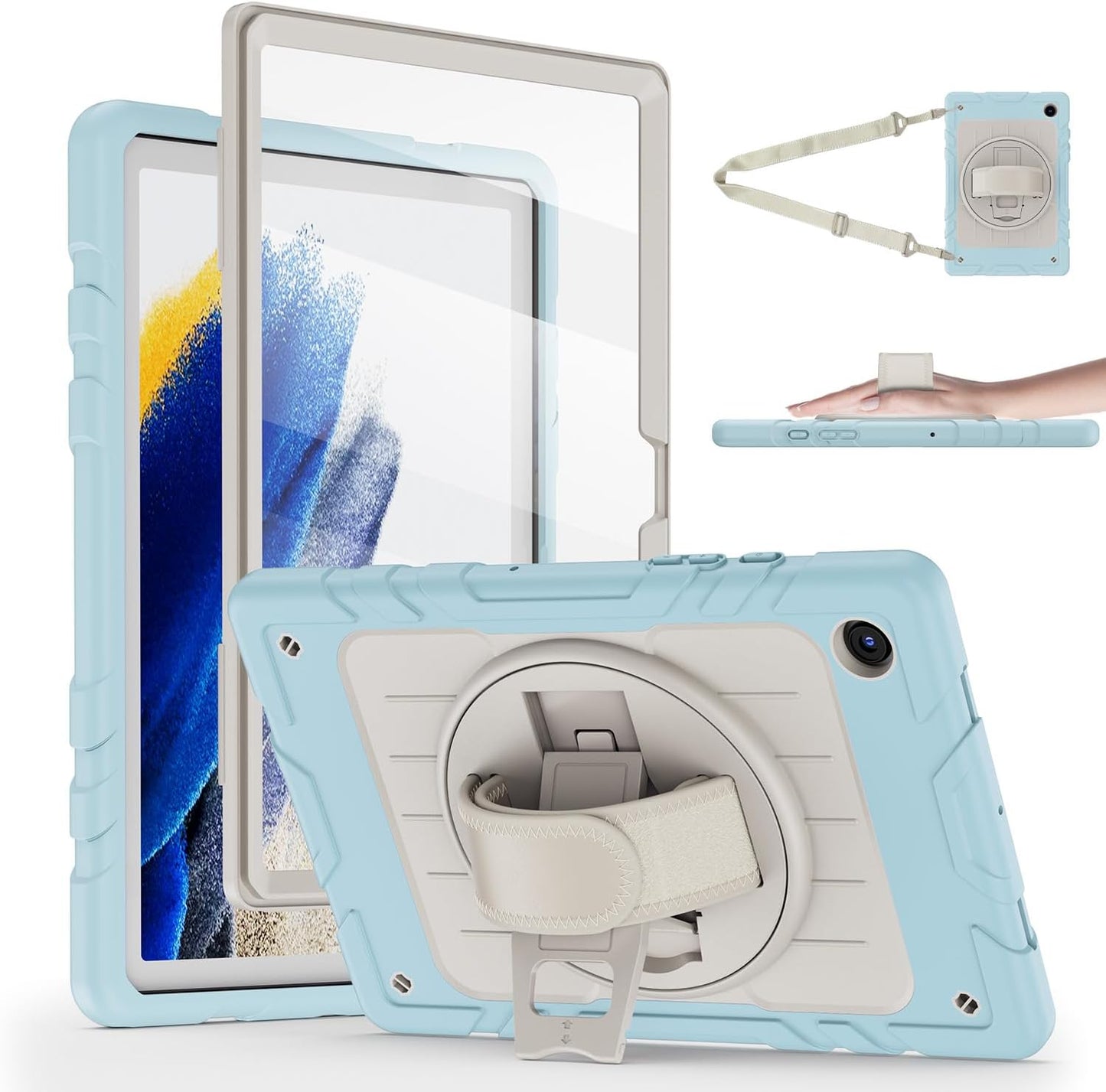 for Samsung Galaxy Tablet A8 Case 10.5 inch 2022 SM-X200/X205/X207 with Screen Protector [360 Rotating Stand] &Hand Shoulder Strap Shockproof Rugged Protective Cover|Blue&Beige